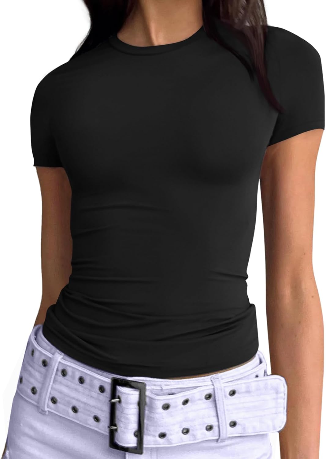 Trendy Queen Womens Basic T Shirts Summer Outfits 2025 Scoop Neck Short Sleeve Crop Tops Slim Fit Tees Y2k Clothing Trendy Queen Womens Basic T Shirts Summer Outfits 2025 Scoop Neck Short Sleeve Crop Tops Slim Fit Tees Y2k Clothing
