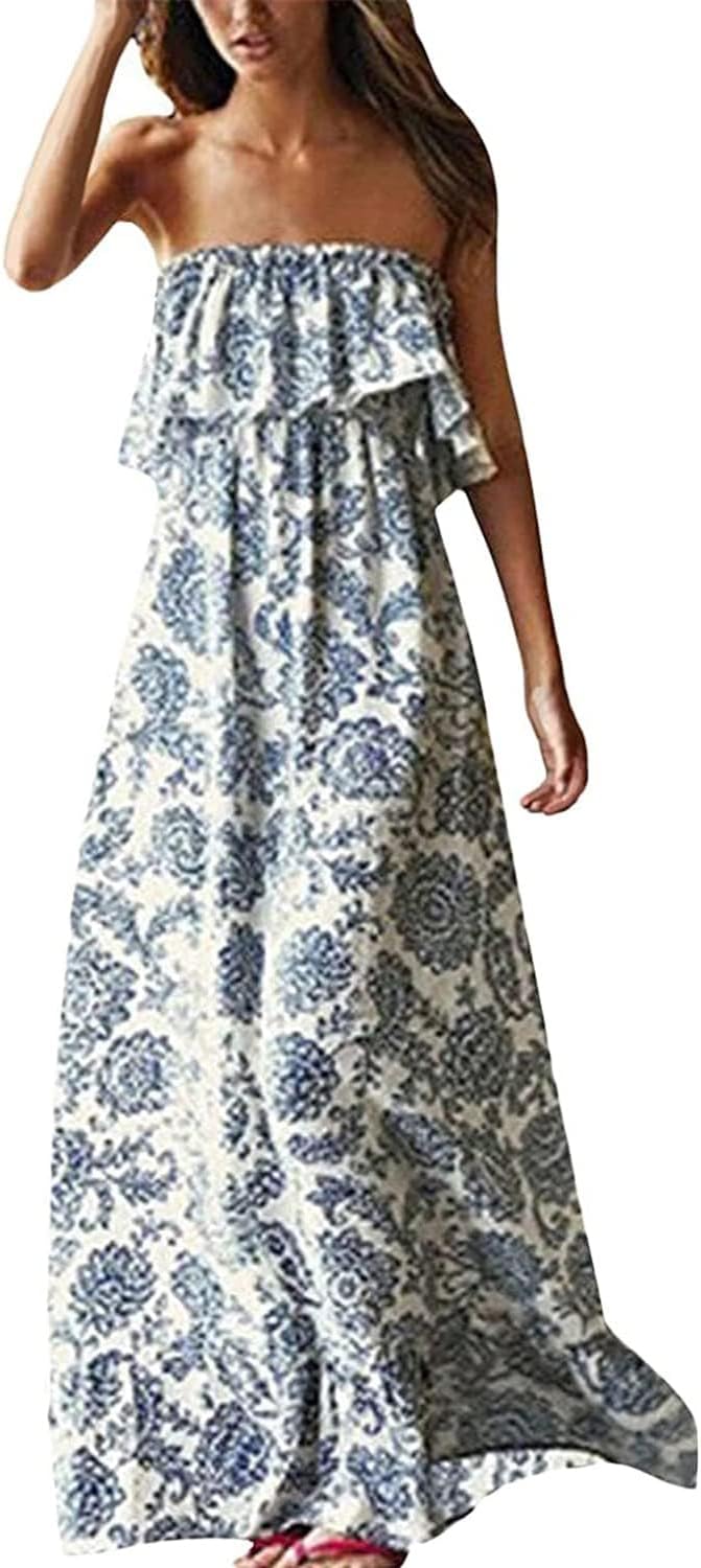 ZMPSIISA Women’s Summer Off The Shoulder Maxi Dress Ruffle Strapless Blue White Porcelain Boho Casual Loose Long Dresses ZMPSIISA Women’s Summer Off The Shoulder Maxi Dress Ruffle Strapless Blue White Porcelain Boho Casual Loose Long Dresses
