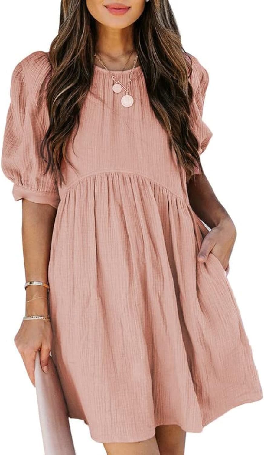 Dokotoo Womens 2025 Spring Summer Crewneck Puff Sleeve Babydoll Elegant Empire Waist Mini Swing Skater Dresses with Pockets Dokotoo Womens 2025 Spring Summer Crewneck Puff Sleeve Babydoll Elegant Empire Waist Mini Swing Skater Dresses with Pockets