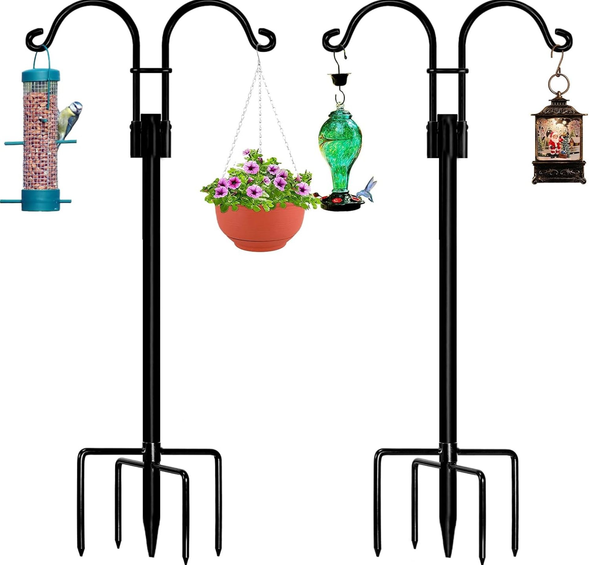 Double Shepherds Hooks for Outdoor, 2 Pack 60 Inch Bird Feeder Pole with 5 Prongs Base, Heavy Duty Garden Hook for Hanging Plant, Lantern, Hummingbird Feeder Double Shepherds Hooks for Outdoor, 2 Pack 60 Inch Bird Feeder Pole with 5 Prongs Base, Heavy Duty Garden Hook for Hanging Plant, Lantern, Hummingbird Feeder