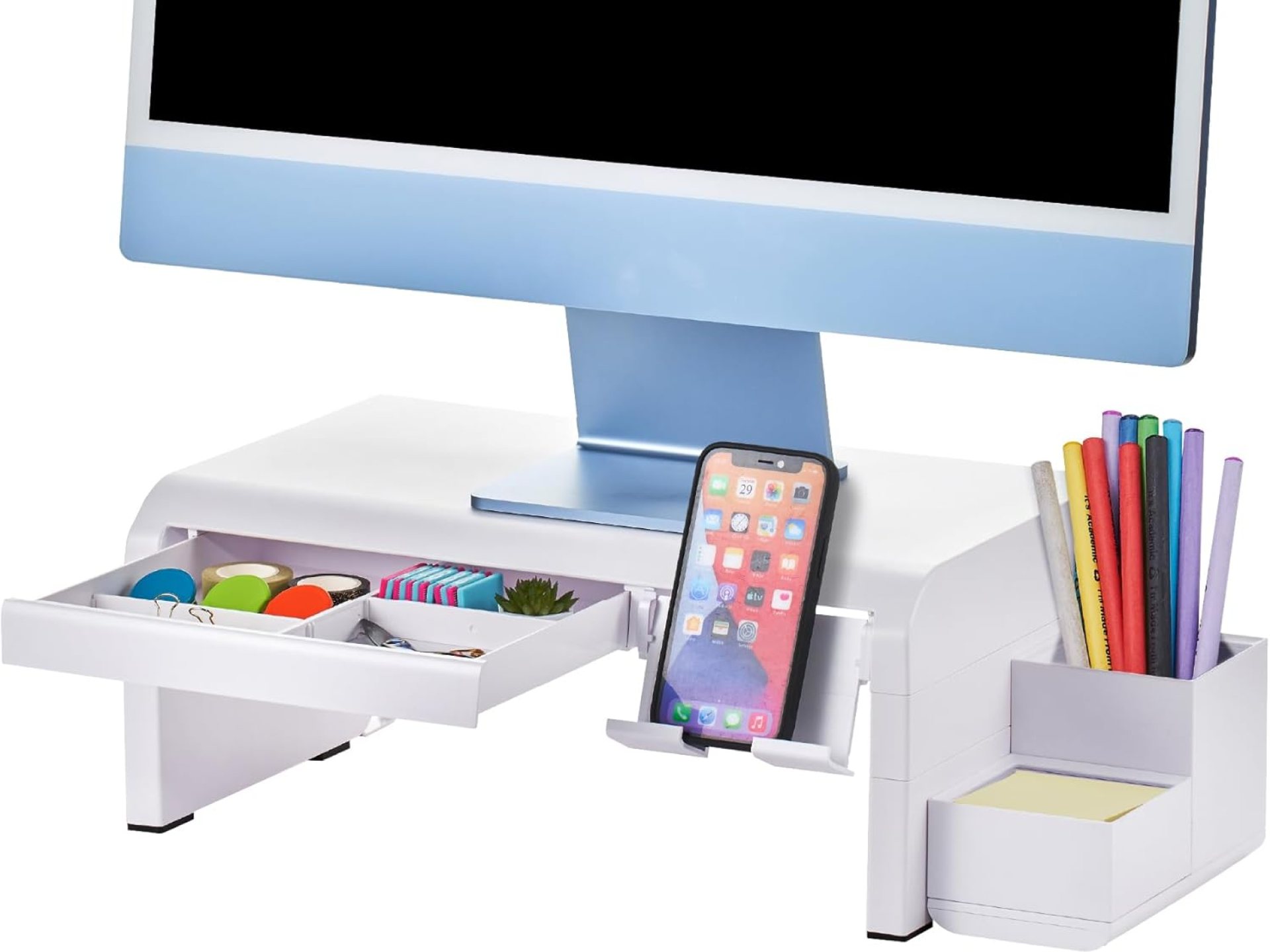 Bostitch Konnect Adjustable Monitor Riser with Drawer, Cell Phone Stand & Pencil Holder, Laptop Stand for Desk, 4 Height Levels, Cable Management & Rubber Feet Bostitch Konnect Adjustable Monitor Riser with Drawer, Cell Phone Stand & Pencil Holder, Laptop Stand for Desk, 4 Height Levels, Cable Management & Rubber Feet