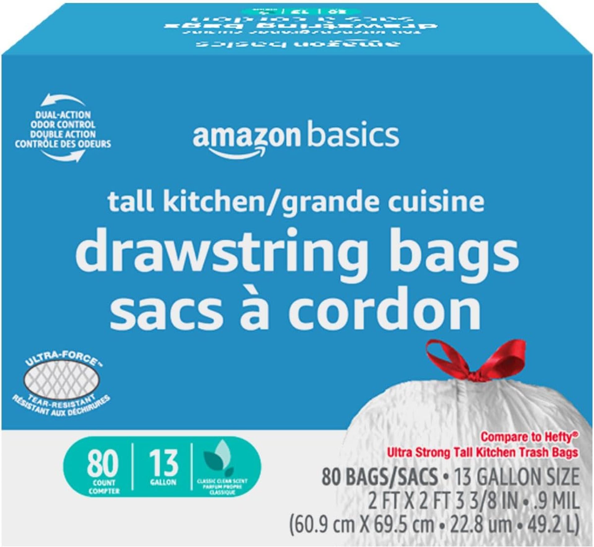 Amazon Basics Ultra-Force Tall Kitchen Drawstring Trash Bags, Classic Clean Scented, 13 Gallon, 80 Count, Pack of 1 Amazon Basics Ultra-Force Tall Kitchen Drawstring Trash Bags, Classic Clean Scented, 13 Gallon, 80 Count, Pack of 1