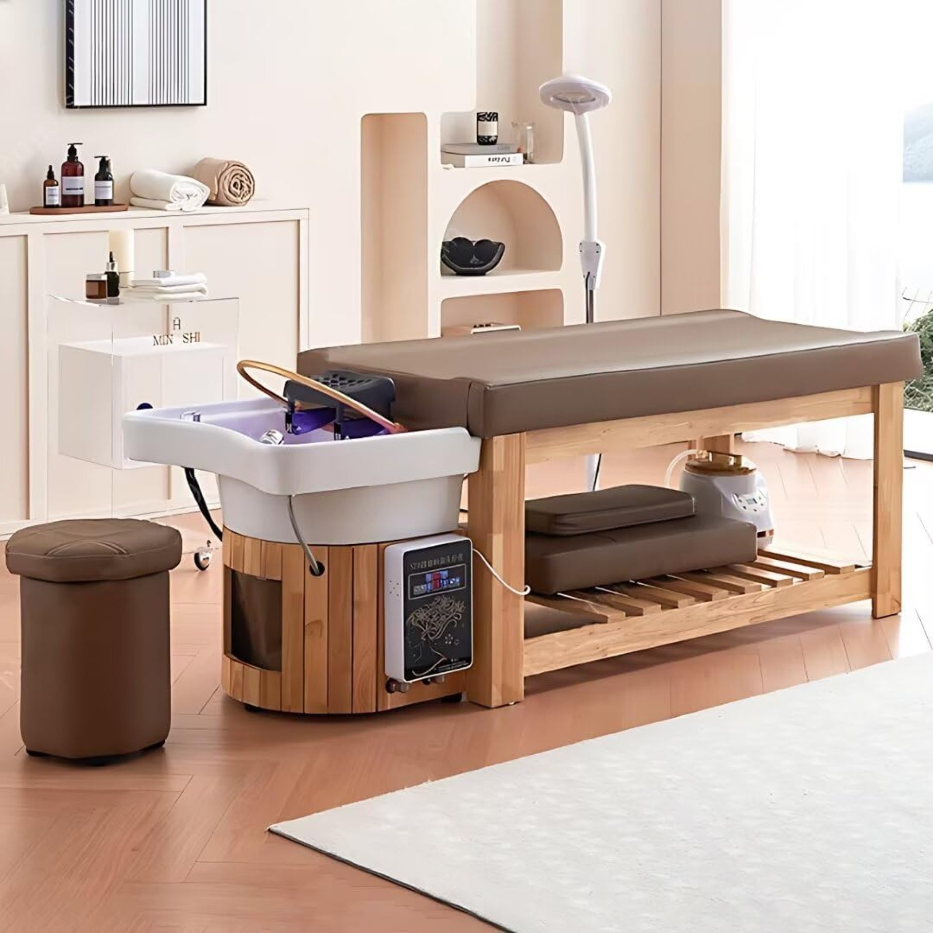 Massage Shampoo Bed – Massage Table with Brown Solid Wood Style,Head Spa Equipment and Facial Bed Includes Water Cycle & Open Storage Space Massage Shampoo Bed – Massage Table with Brown Solid Wood Style,Head Spa Equipment and Facial Bed Includes Water Cycle & Open Storage Space