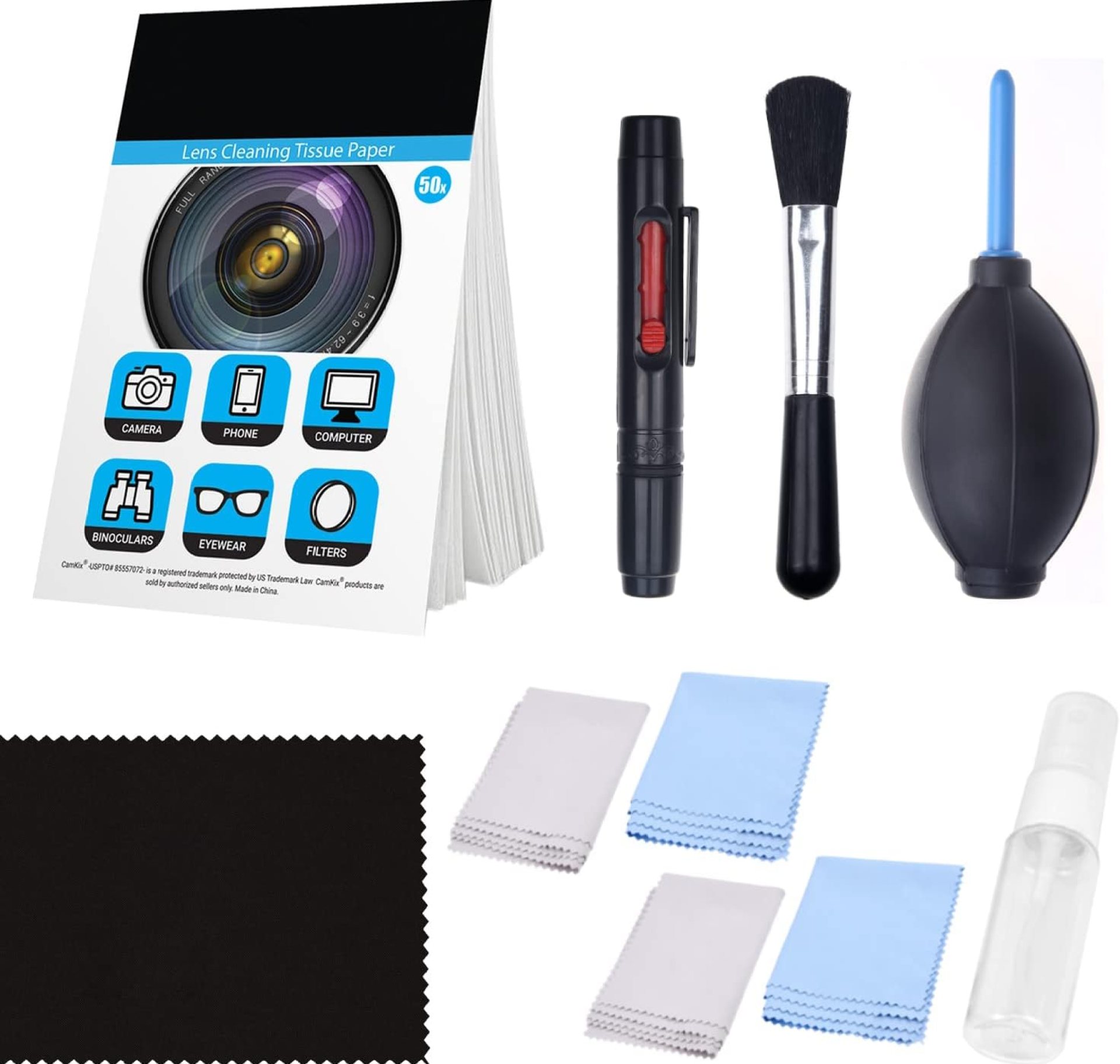 Camkix Camera Lens Cleaning Kit – Air Blower, 2in1 Lens Cleaning Pen, Cleaning Brush, Spray Bottle w/Cleaning Solution, Lens Cleaning Paper Tissue (Without Fluid) Camkix Camera Lens Cleaning Kit – Air Blower, 2in1 Lens Cleaning Pen, Cleaning Brush, Spray Bottle w/Cleaning Solution, Lens Cleaning Paper Tissue (Without Fluid)