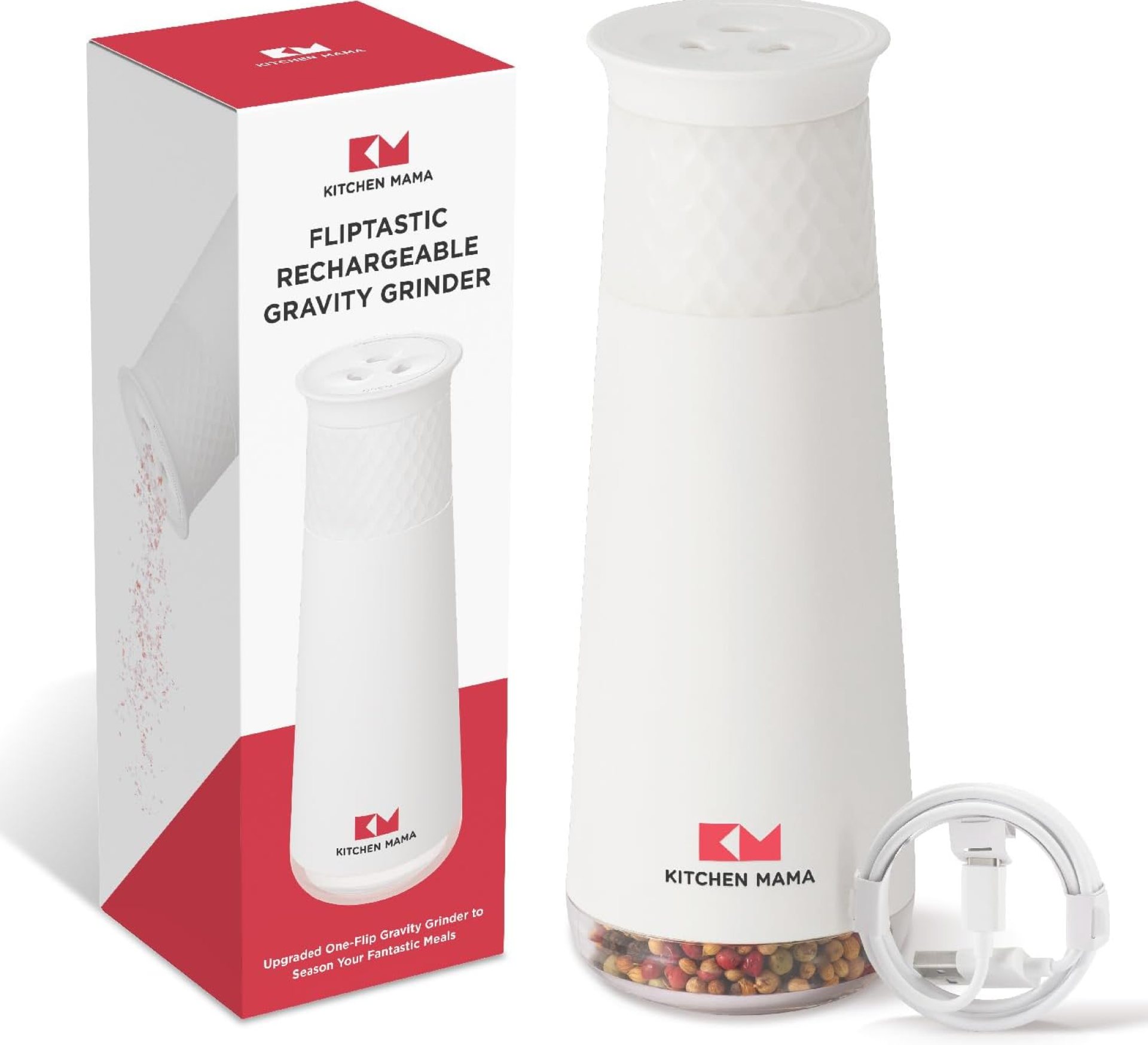 Kitchen Mama FlipTastic Rechargeable Salt and Pepper Grinder – Gravity Electric Grinder, Pepper Mill, Adjustable Coarseness, One-Hand Operation, Refillable Salt and Pepper Mill for Kitchen (White) Kitchen Mama FlipTastic Rechargeable Salt and Pepper Grinder – Gravity Electric Grinder, Pepper Mill, Adjustable Coarseness, One-Hand Operation, Refillable Salt and Pepper Mill for Kitchen (White)