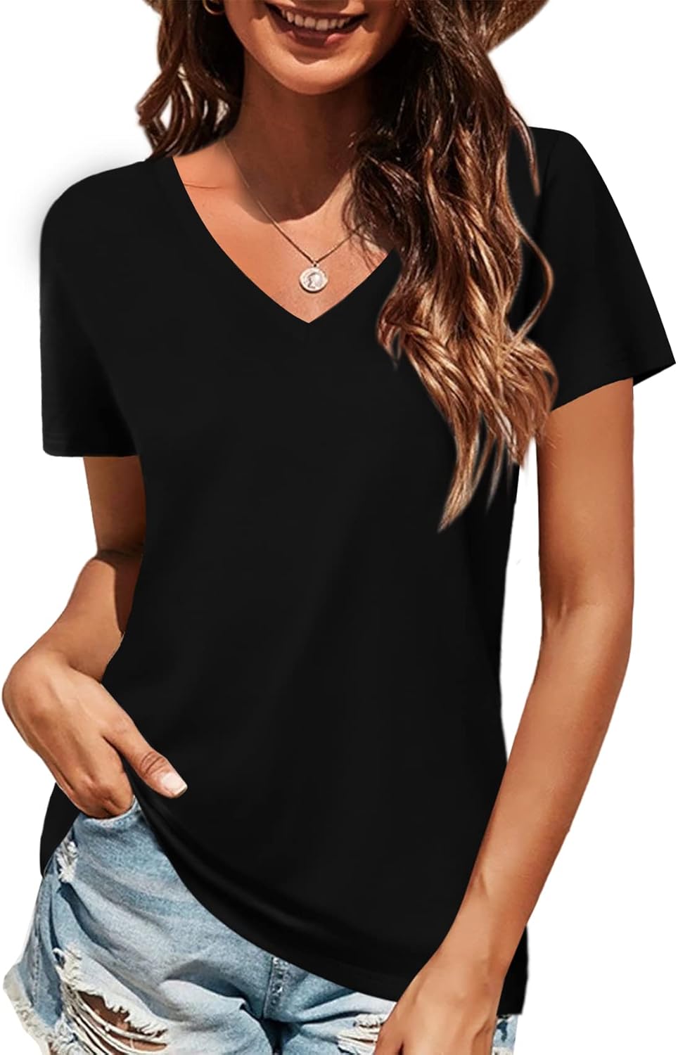 Elesomo Women Shirts V Neck Short/Long Sleeve Cotton Tops T-Shirt Basic Tees Elesomo Women Shirts V Neck Short/Long Sleeve Cotton Tops T-Shirt Basic Tees