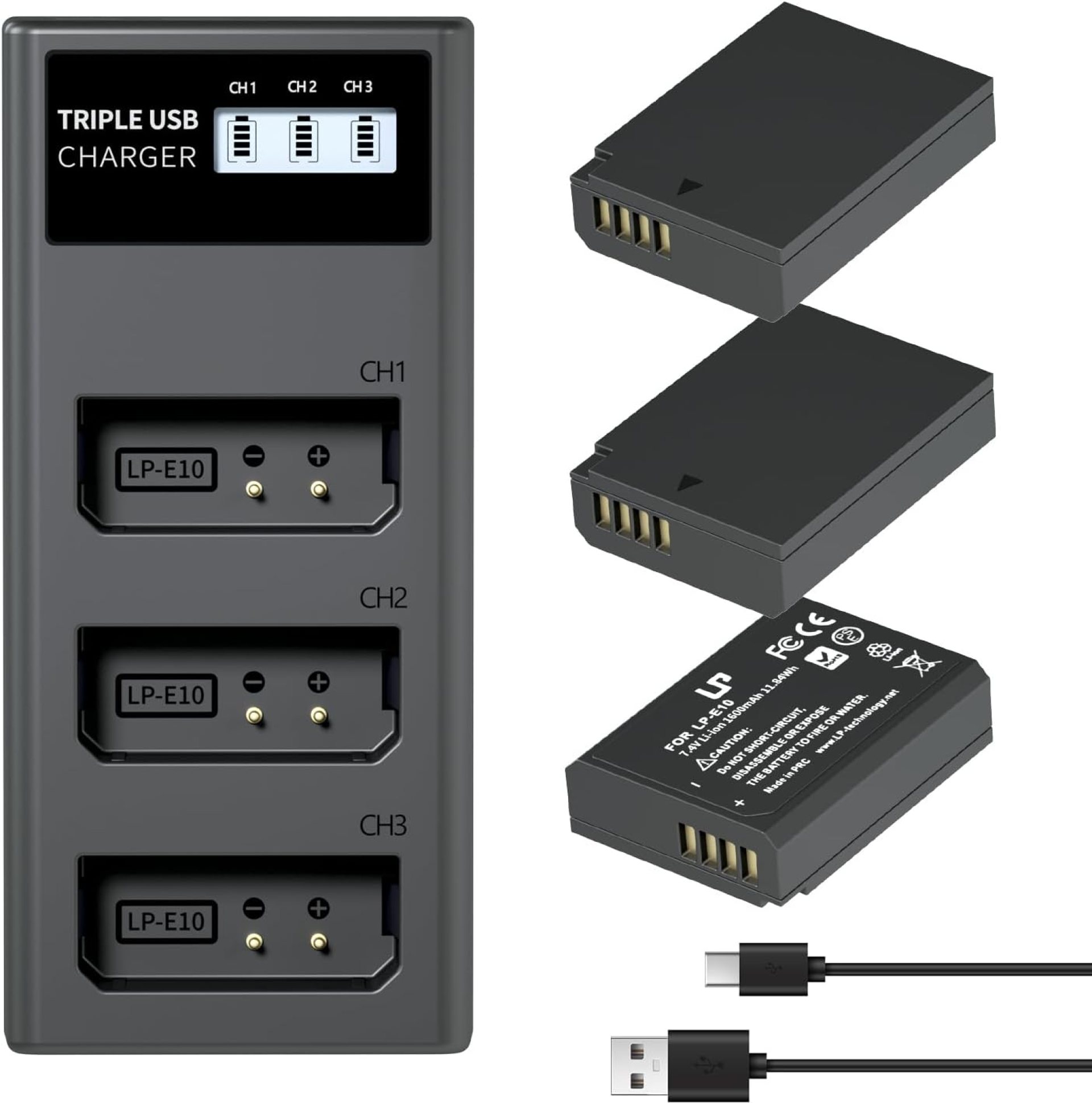 LP LP-E10 Battery Charger Pack, 3-Pack 1600mAh Replacement Battery, Triple Slot Charger, USB Battery Charger for Canon EOS Rebel T7, T6, T5, T3, T100, 4000D, 3000D, 2000D, 1500D, 1300D & More LP LP-E10 Battery Charger Pack, 3-Pack 1600mAh Replacement Battery, Triple Slot Charger, USB Battery Charger for Canon EOS Rebel T7, T6, T5, T3, T100, 4000D, 3000D, 2000D, 1500D, 1300D & More