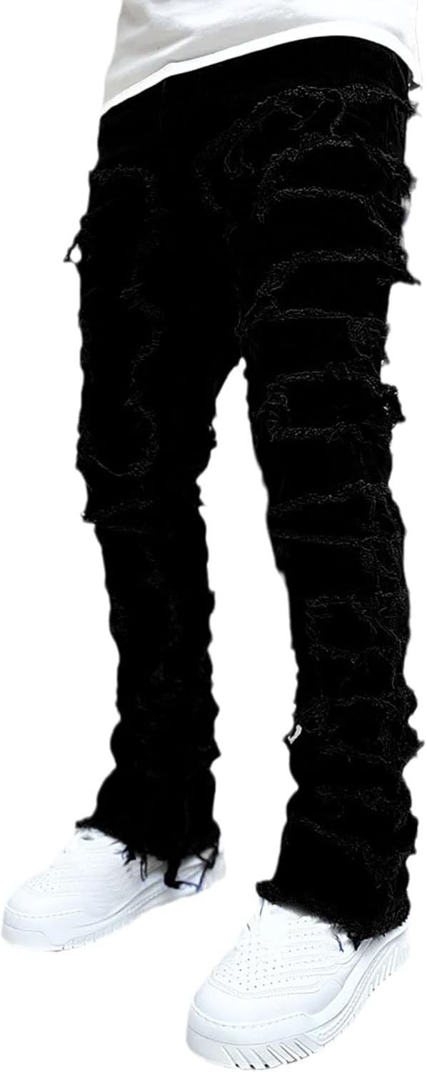 Conshvi Men’s Slim Fit Stretch Jeans Distressed Patchwork Stacked Frayed Straight Leg Skinny Denim Pants Conshvi Men’s Slim Fit Stretch Jeans Distressed Patchwork Stacked Frayed Straight Leg Skinny Denim Pants