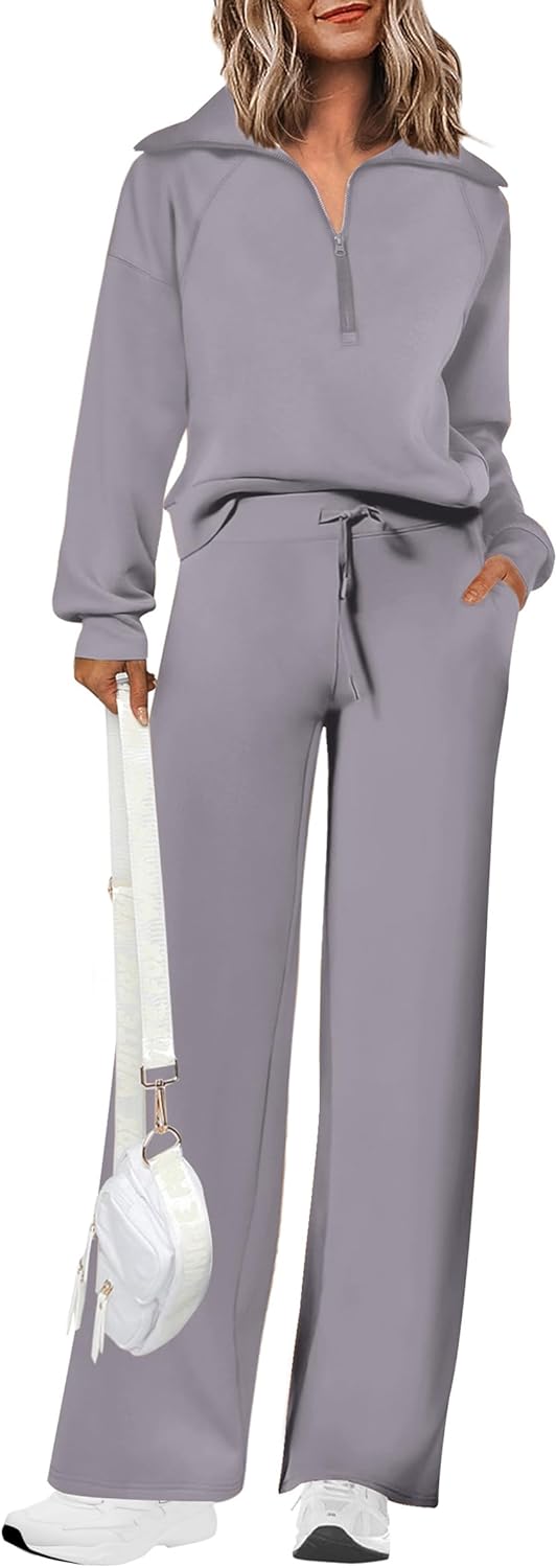 PRETTYGARDEN Women’s 2 Piece Outfits Casual Lapel Half Zip Sweatshirts And Wide Leg Pants Tracksuit Sets PRETTYGARDEN Women’s 2 Piece Outfits Casual Lapel Half Zip Sweatshirts And Wide Leg Pants Tracksuit Sets