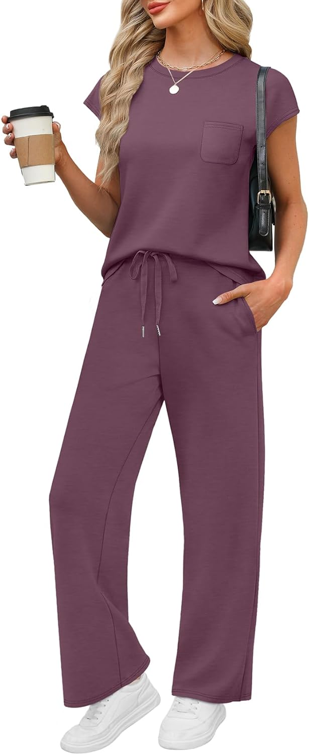 WIHOLL 2 Piece Sets for Women Casual Summer Travel Vacation Outfits Cap Sleeve Lounge Set WIHOLL 2 Piece Sets for Women Casual Summer Travel Vacation Outfits Cap Sleeve Lounge Set