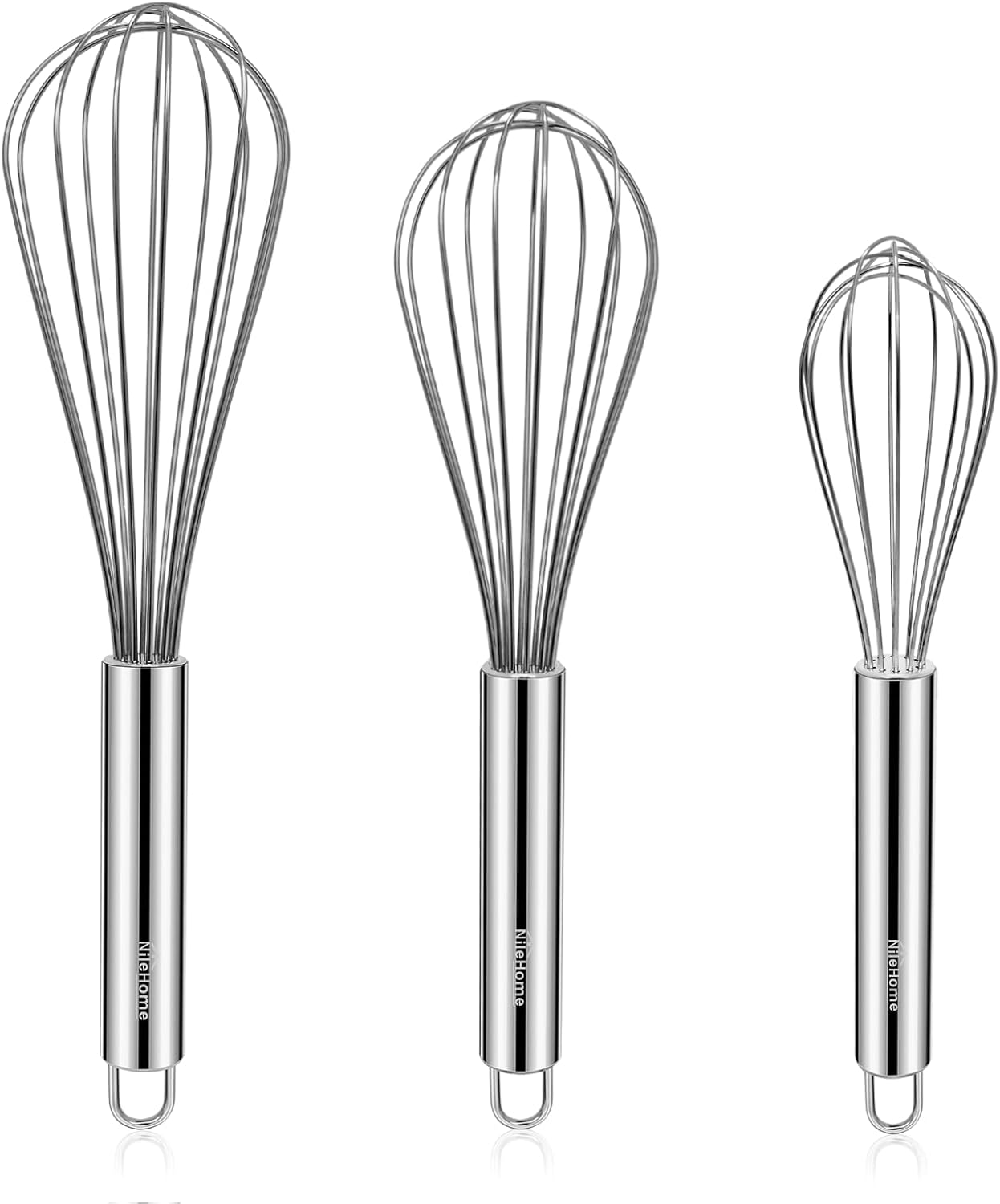 NileHome Stainless Steel Whisk Set 8″ 10″ 12″ Kitchen Whisk Balloon Whisk Kitchen Wisk Wire Whisks for Cooking, Whisking, Blending, Beating, Stirring-3 Pack… NileHome Stainless Steel Whisk Set 8″ 10″ 12″ Kitchen Whisk Balloon Whisk Kitchen Wisk Wire Whisks for Cooking, Whisking, Blending, Beating, Stirring-3 Pack…
