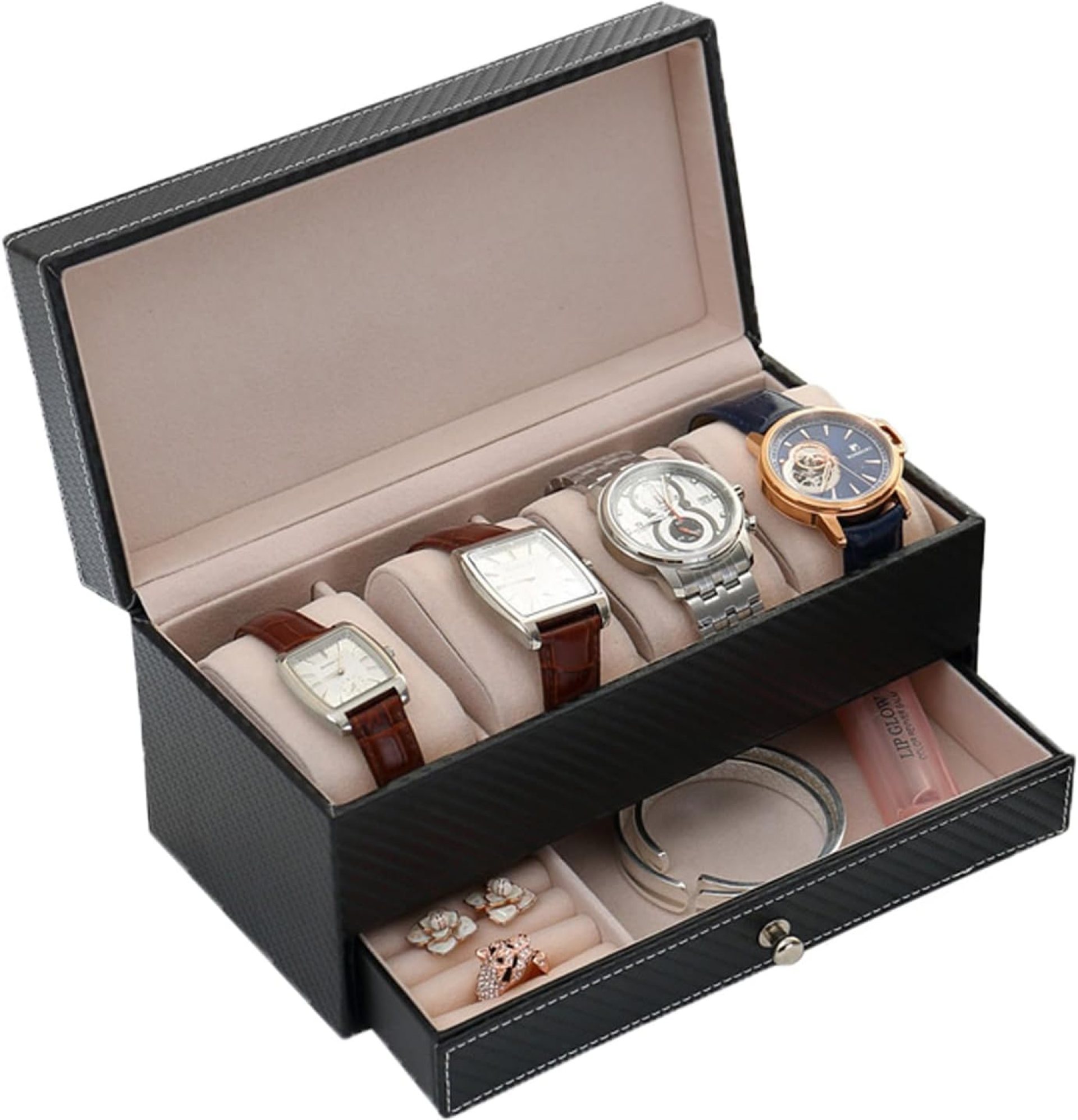 goldwheat 4-Slot Watch Box For Men, Leather Watch Display Case Holder Organizer Jewelry Storage With Drawer goldwheat 4-Slot Watch Box For Men, Leather Watch Display Case Holder Organizer Jewelry Storage With Drawer