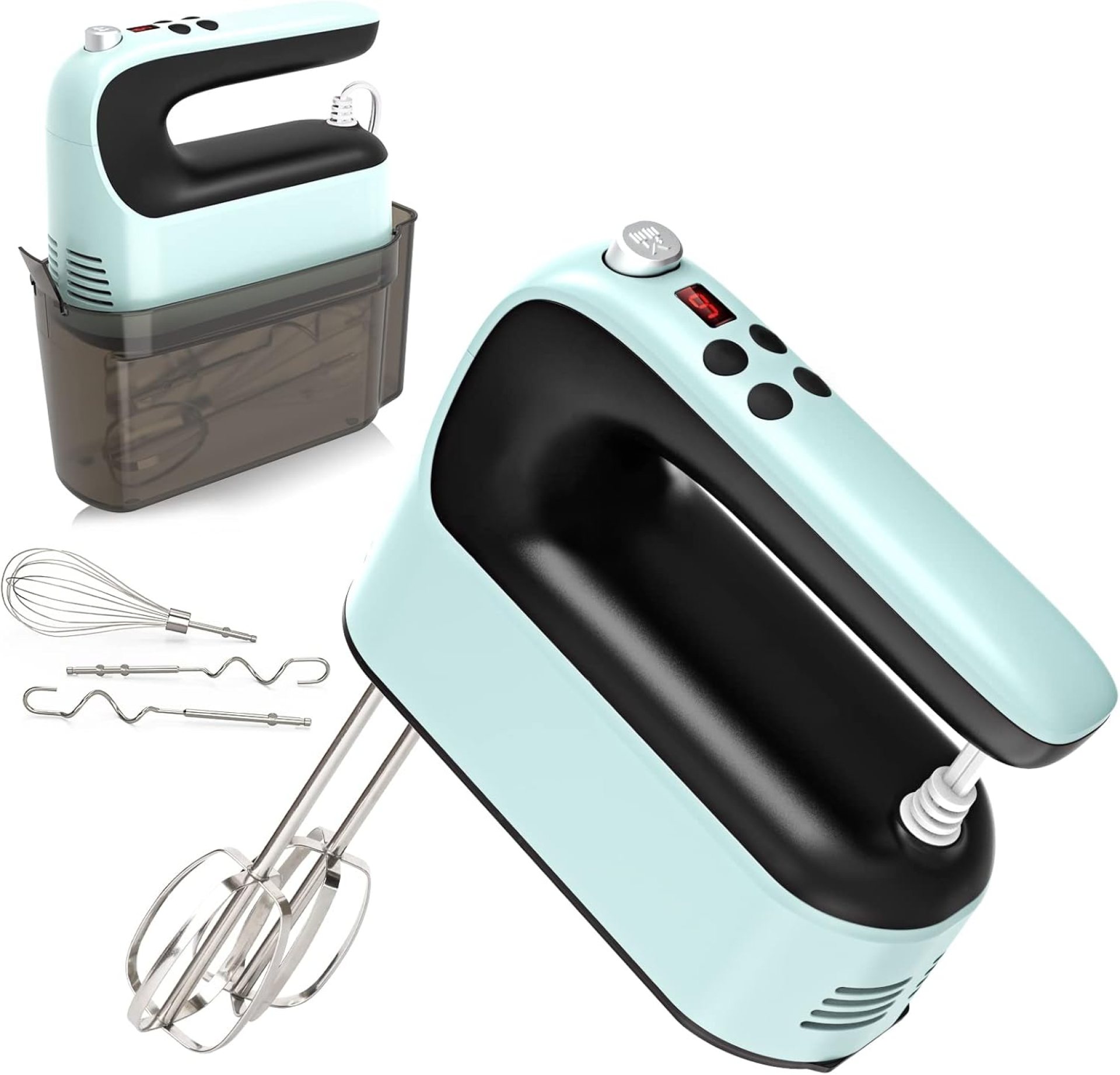 9-Speed Digital Hand Mixer Electric, 400W Powerful DC Motor, Baking Mixer Handheld with Snap-On Storage Case, Touch Button, Turbo Boost, Dough Hooks, Whisk (Ice Blue) 9-Speed Digital Hand Mixer Electric, 400W Powerful DC Motor, Baking Mixer Handheld with Snap-On Storage Case, Touch Button, Turbo Boost, Dough Hooks, Whisk (Ice Blue)