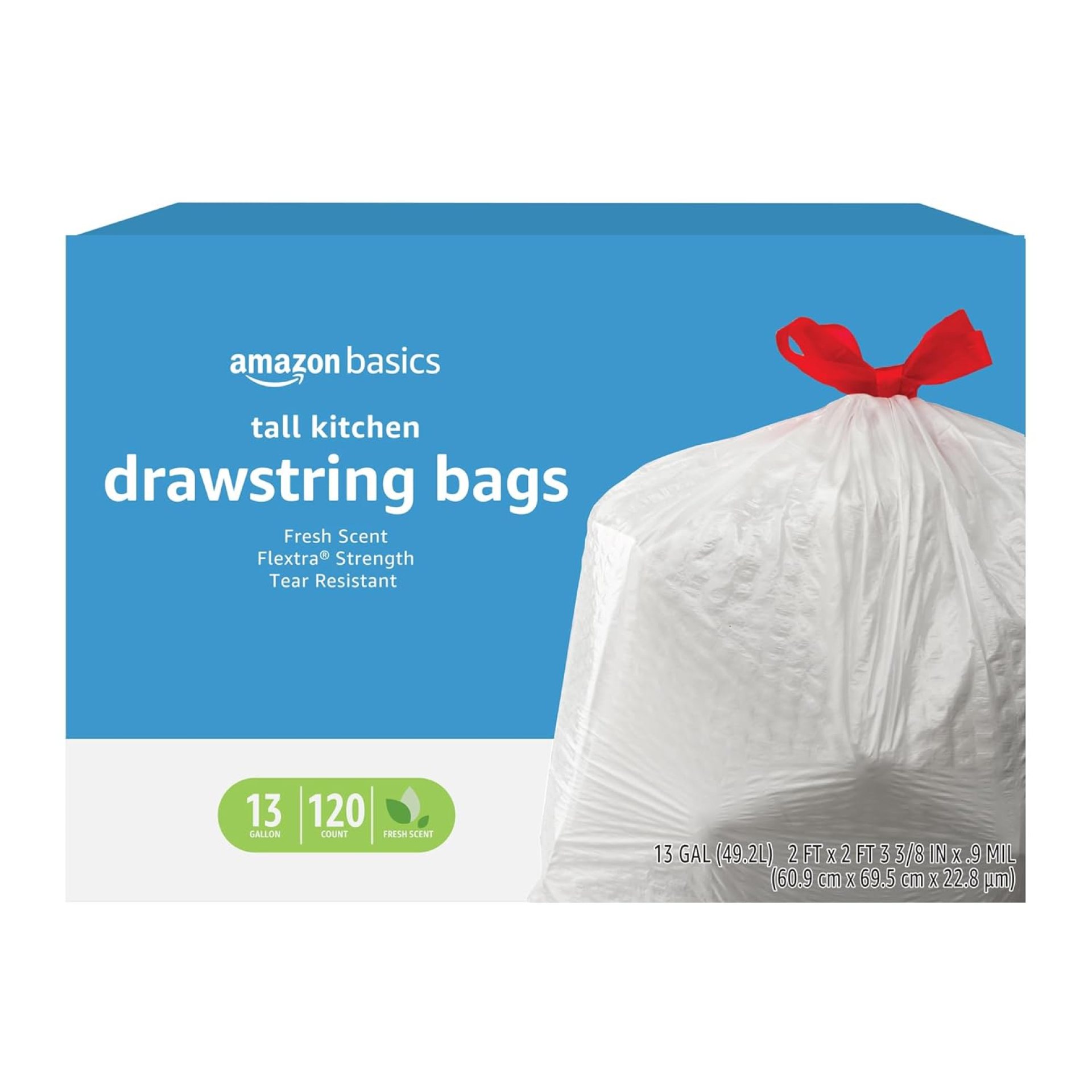 Amazon Basics Flextra Tall Kitchen Drawstring Trash Bags, Fresh Scent, 13 Gallon, 120 Count Amazon Basics Flextra Tall Kitchen Drawstring Trash Bags, Fresh Scent, 13 Gallon, 120 Count