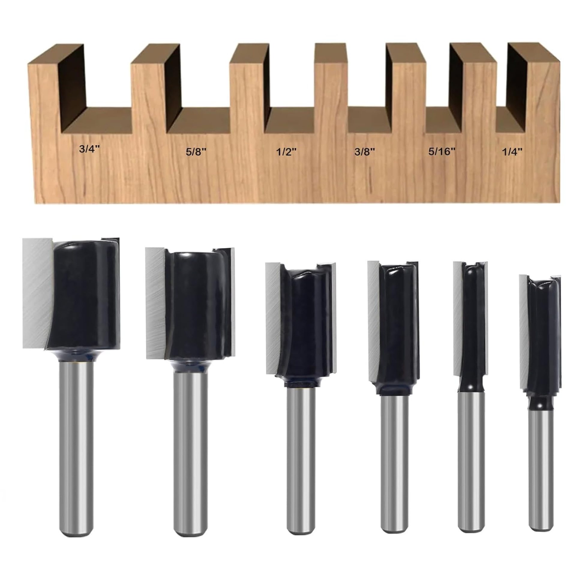 6Pcs Straight Router Bit Set 1/4 Shank, Double Flute Straight Bit Dado Straight Cut Router Bit, Cut Dia 3/4″, 5/8″, 1/2″, 3/8″, 5/16″, 1/4″, Straight Router Bit for Woodworking Groove by SICWOOD 6Pcs Straight Router Bit Set 1/4 Shank, Double Flute Straight Bit Dado Straight Cut Router Bit, Cut Dia 3/4″, 5/8″, 1/2″, 3/8″, 5/16″, 1/4″, Straight Router Bit for Woodworking Groove by SICWOOD