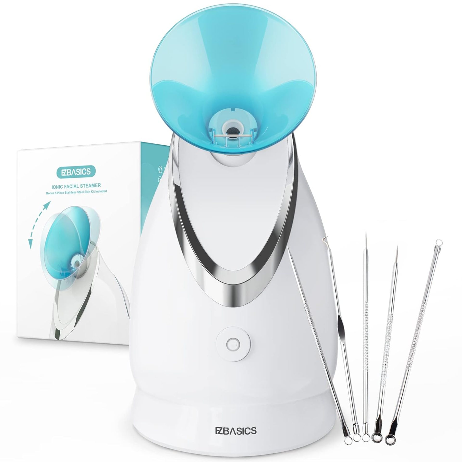 EZBASICS Facial Steamer Ionic Face Steamer for Home Facial, Warm Mist Humidifier Atomizer for Face Sauna Spa Sinuses Moisturizing, Unclogs Pores, 1 Pack + 5 Stainless Steel Skin Kit Blue EZBASICS Facial Steamer Ionic Face Steamer for Home Facial, Warm Mist Humidifier Atomizer for Face Sauna Spa Sinuses Moisturizing, Unclogs Pores, 1 Pack + 5 Stainless Steel Skin Kit Blue