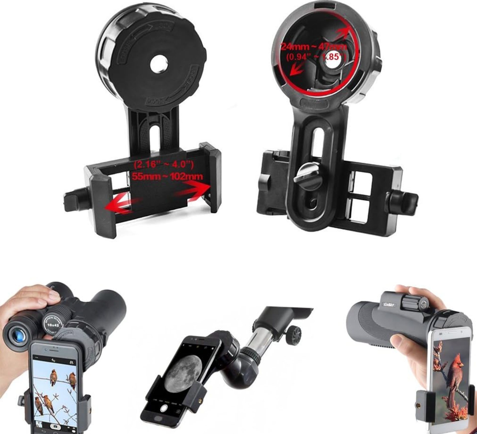 Gosky Telescope Phone Photo Adapter Universal Quick Aligned Cell Phone Digiscoping Adaptor Mount – Compatible with Binoculars Monocular Spotting Scope, Fit Almost All Brands of Smartphones Gosky Telescope Phone Photo Adapter Universal Quick Aligned Cell Phone Digiscoping Adaptor Mount – Compatible with Binoculars Monocular Spotting Scope, Fit Almost All Brands of Smartphones