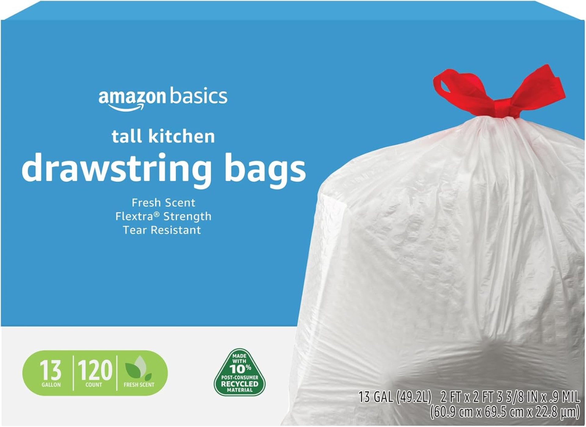 Amazon Basics Flextra Tall Kitchen Drawstring Trash Bags, 10% Post Consumer Recycled Content, Clean Fresh Scent, 13 Gallon, 120 Count, Pack of 1 Amazon Basics Flextra Tall Kitchen Drawstring Trash Bags, 10% Post Consumer Recycled Content, Clean Fresh Scent, 13 Gallon, 120 Count, Pack of 1