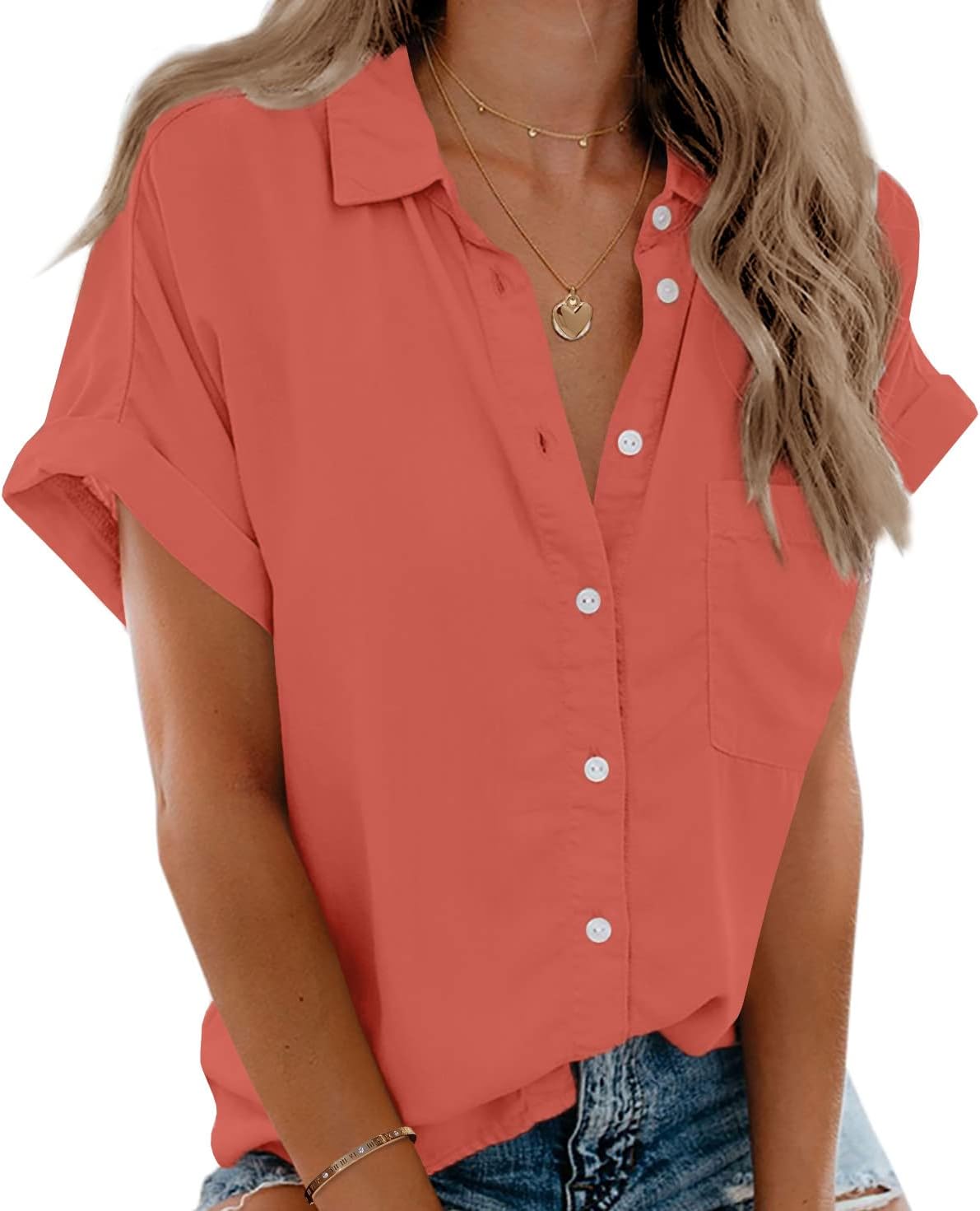 Beautife Womens Short Sleeve Shirts V Neck Collared Button Down Shirt Tops with Pockets Beautife Womens Short Sleeve Shirts V Neck Collared Button Down Shirt Tops with Pockets