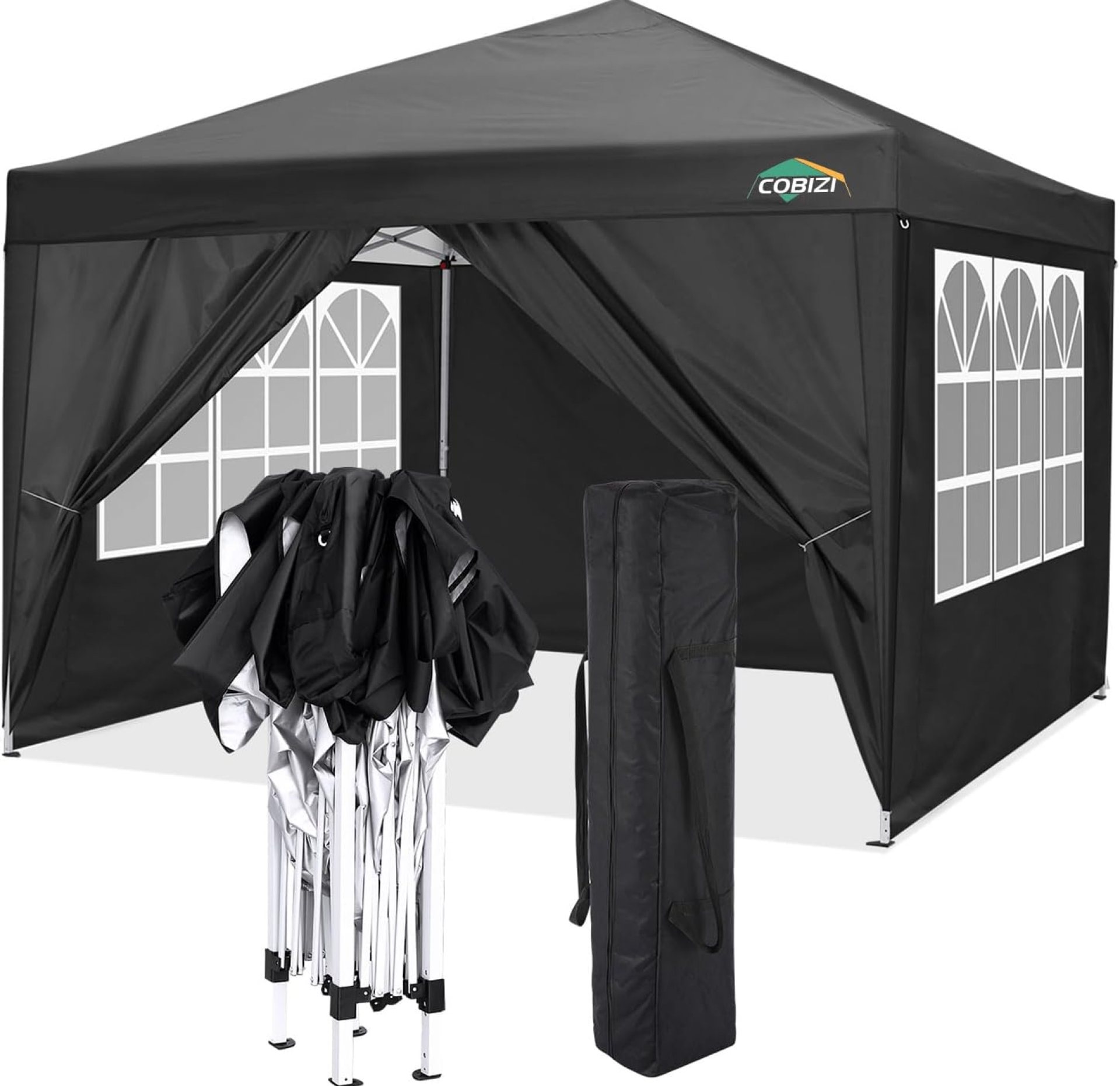 COBIZI 10×10 Pop Up Canopy Tent with 4 Sidewalls,10×10 Easy Up Waterproof Canopy Tents for Parties Camping Exhibition, Outdoor Easy Set U Gazebo Tent with Carry Bag,8 Stakes & 4 Ropes(Black COBIZI 10×10 Pop Up Canopy Tent with 4 Sidewalls,10×10 Easy Up Waterproof Canopy Tents for Parties Camping Exhibition, Outdoor Easy Set U Gazebo Tent with Carry Bag,8 Stakes & 4 Ropes(Black