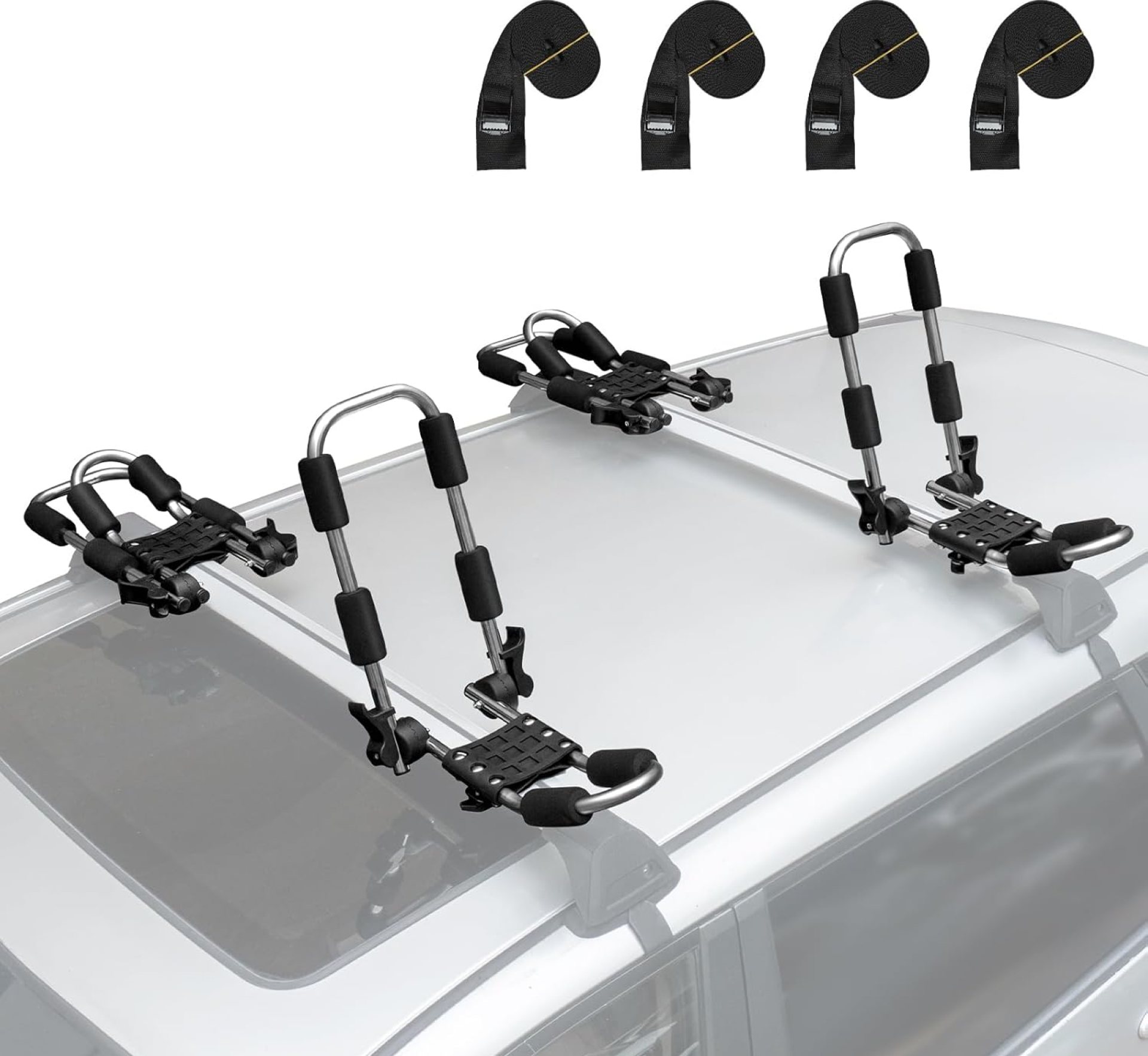 Leader Accessories EverShine Folding Kayak Rack 4 PCS/Set J Bar Car Roof Rack for Canoe Surf Board SUP On Roof Top Mount on SUV, Car and Truck Crossbar with 4 pcs Tie Down Straps Leader Accessories EverShine Folding Kayak Rack 4 PCS/Set J Bar Car Roof Rack for Canoe Surf Board SUP On Roof Top Mount on SUV, Car and Truck Crossbar with 4 pcs Tie Down Straps