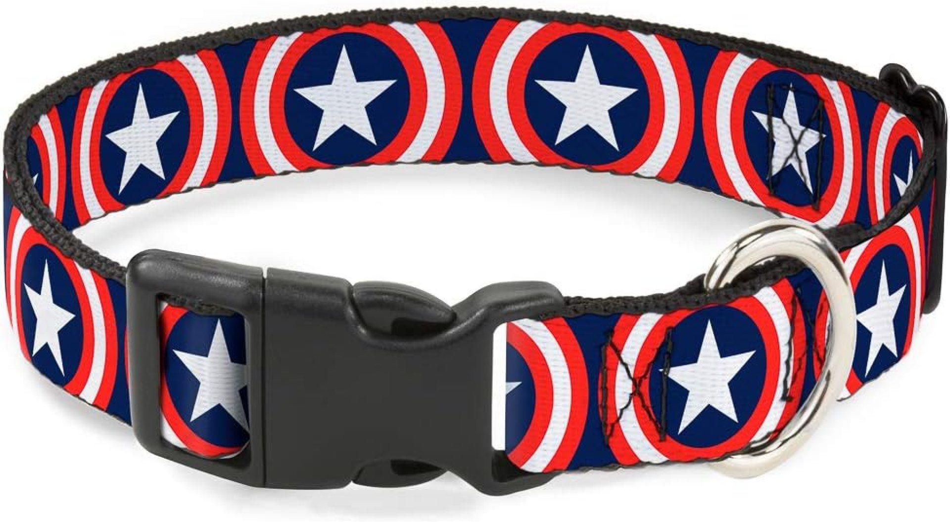 Buckle-Down Captain America Shield Repeat Navy Plastic Clip Collar, Wide Medium/16-23″ Buckle-Down Captain America Shield Repeat Navy Plastic Clip Collar, Wide Medium/16-23″