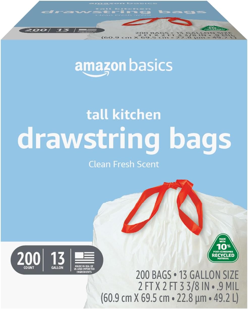 Amazon Basics – Tall Kitchen Trash Bags, 13 Gallon, 10% Post Consumer Recycled Content, Clean Fresh Scent, 200 Count, Pack of 1 Amazon Basics – Tall Kitchen Trash Bags, 13 Gallon, 10% Post Consumer Recycled Content, Clean Fresh Scent, 200 Count, Pack of 1