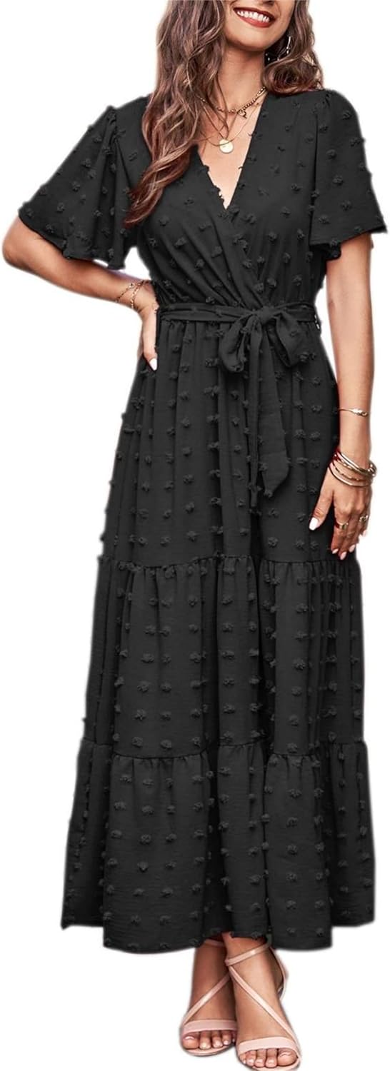 MASCOMODA Womens Boho Swiss Dot Maxi Dresses Wrap V Neck Flutter Short Sleeve Solid Tie Belt A Line Tiered Flowy Long Dress MASCOMODA Womens Boho Swiss Dot Maxi Dresses Wrap V Neck Flutter Short Sleeve Solid Tie Belt A Line Tiered Flowy Long Dress