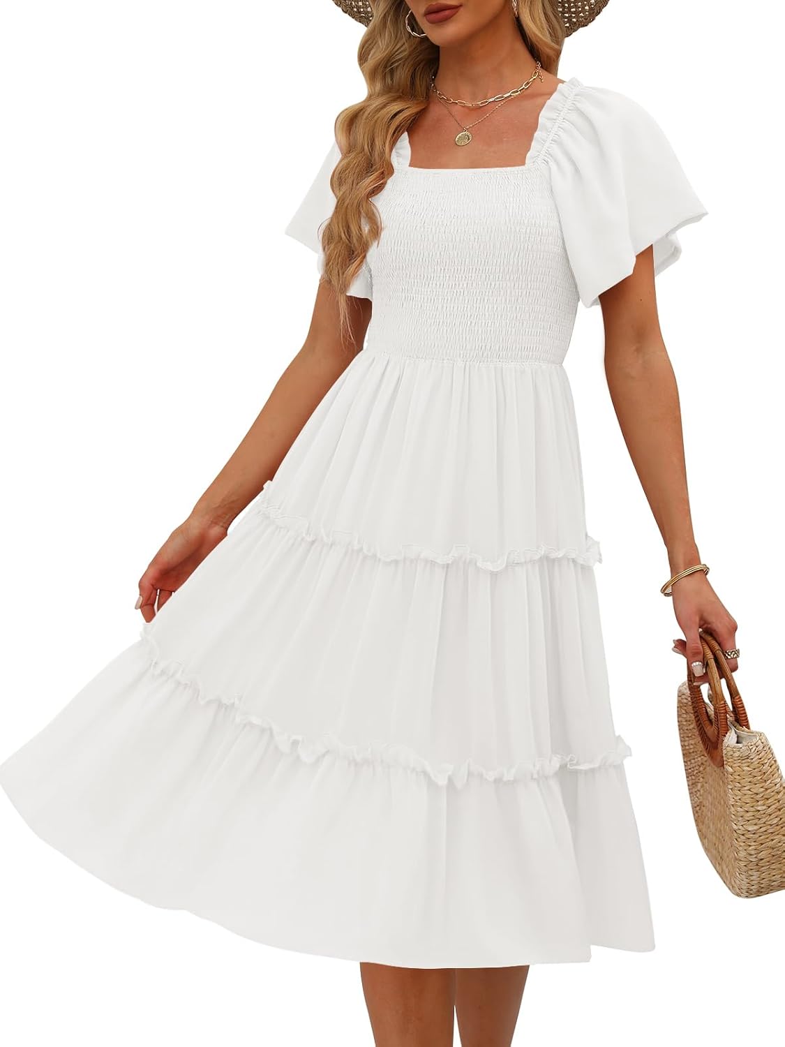 LILLUSORY Women’s Summer Casual Flutter Sleeve Square Neck Smocked Midi Dress LILLUSORY Women’s Summer Casual Flutter Sleeve Square Neck Smocked Midi Dress