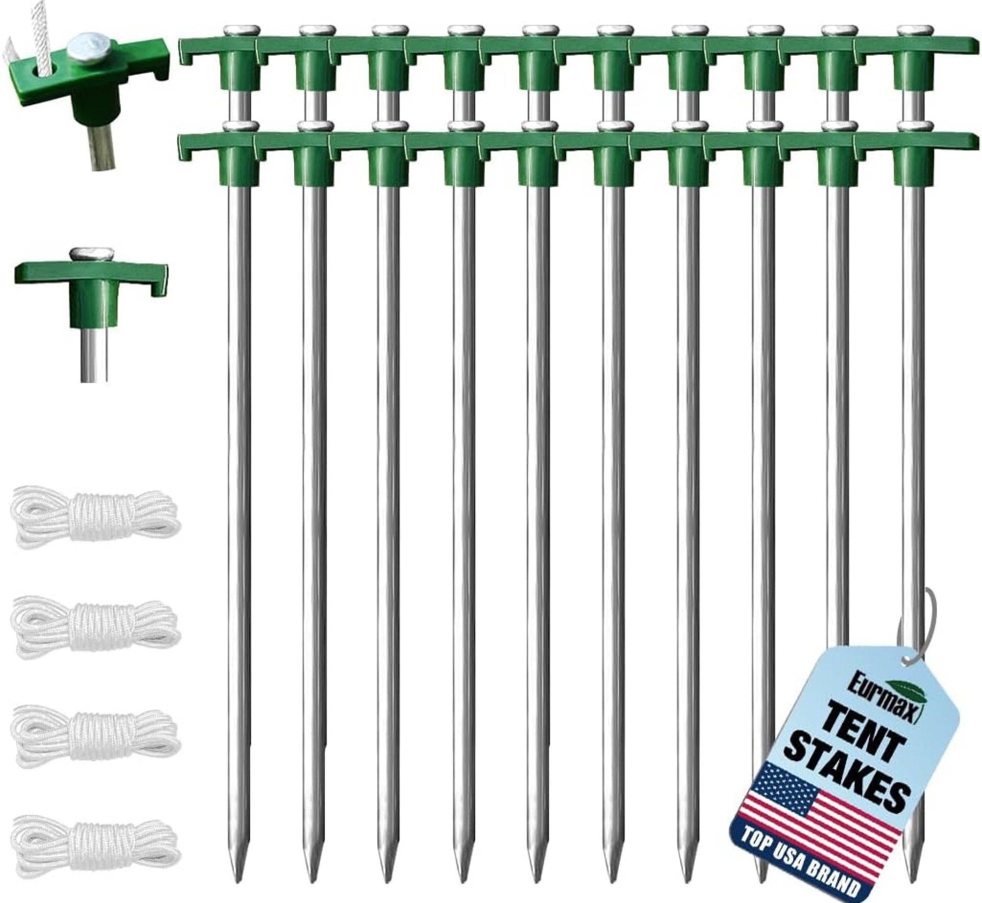 Eurmax USA Galvanized Non-Rust Camping Family Tent Pop Up Tent Stakes Ice Tools Heavy Duty 20pc-Pack, with 4x10ft Ropes & 1 Green Stopper Eurmax USA Galvanized Non-Rust Camping Family Tent Pop Up Tent Stakes Ice Tools Heavy Duty 20pc-Pack, with 4x10ft Ropes & 1 Green Stopper