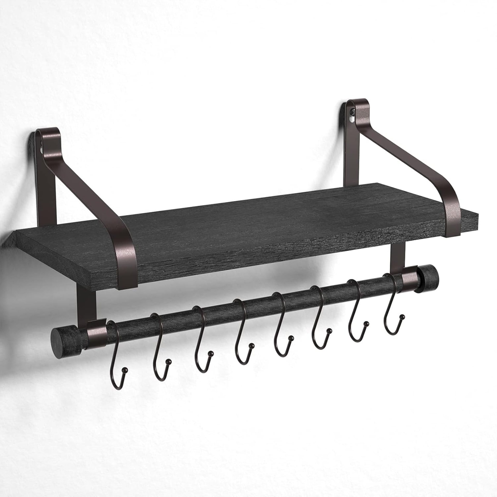 Love-KANKEI Floating Shelf Wall Shelf for Storage Rustic Wood Kitchen Spice Rack with Towel Bar and 8 Removable Hooks for Organize Cooking Utensils or Mugs Black/Brown Brackets Love-KANKEI Floating Shelf Wall Shelf for Storage Rustic Wood Kitchen Spice Rack with Towel Bar and 8 Removable Hooks for Organize Cooking Utensils or Mugs Black/Brown Brackets