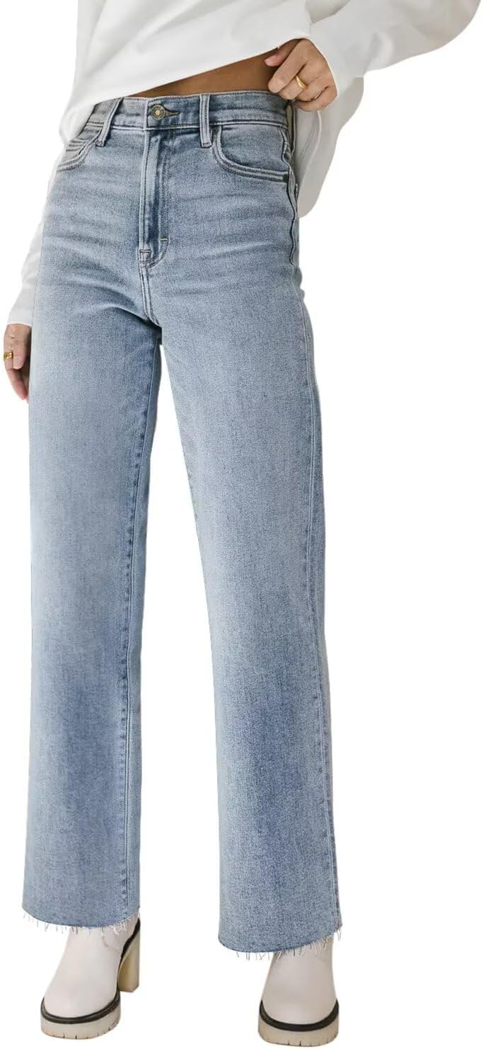 KDF Straight Leg Jeans for Women High Waisted Jeans Frayed Baggy Pants Raw Hem Loose Stretchy Cropped Wide Leg Jeans KDF Straight Leg Jeans for Women High Waisted Jeans Frayed Baggy Pants Raw Hem Loose Stretchy Cropped Wide Leg Jeans