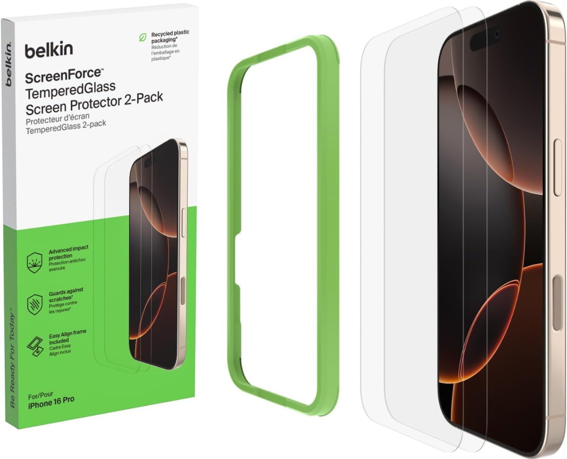 Belkin ScreenForce TemperedGlass Treated Screen Protector for iPhone 16 Pro – Slim & Scratch-Resistant – Includes Easy Align Frame for Bubble Free Application – 2-Pack Belkin ScreenForce TemperedGlass Treated Screen Protector for iPhone 16 Pro – Slim & Scratch-Resistant – Includes Easy Align Frame for Bubble Free Application – 2-Pack