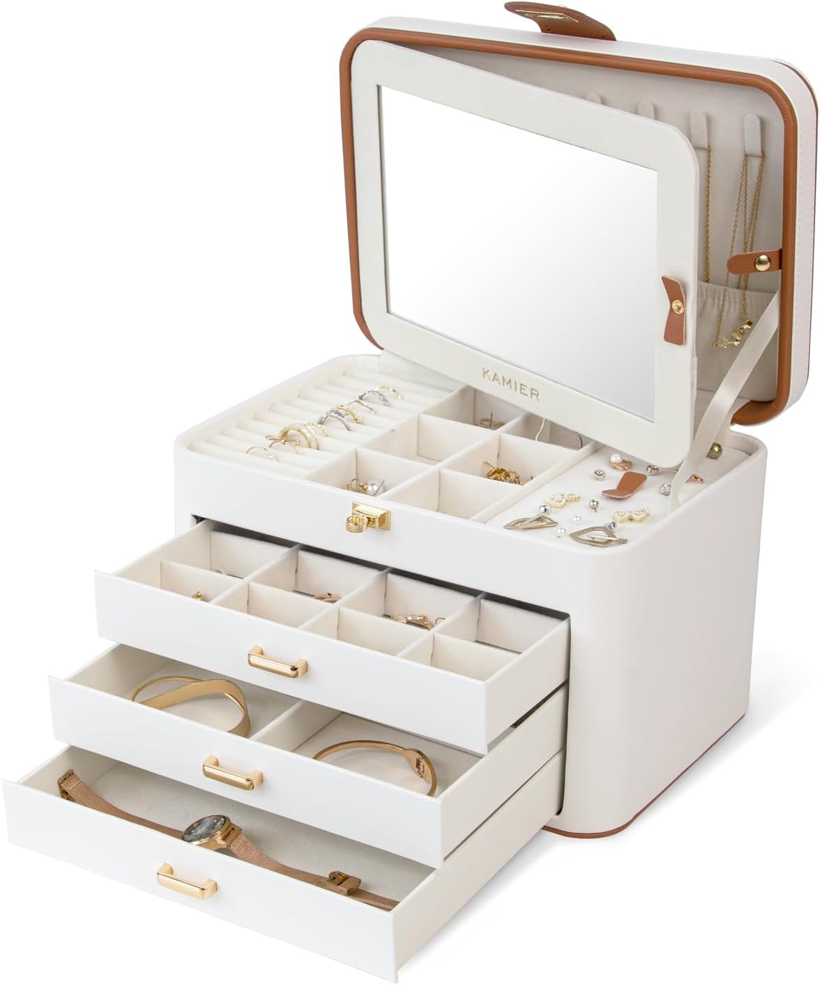 KAMIER Jewelry Boxes for Women, 4 Layer Jewelry Organizer with Mirror, 3 Drawers, Jewelry Storage Box, Christmas Gift, for Earring, Necklace, Bracelet, Ring, White KAMIER Jewelry Boxes for Women, 4 Layer Jewelry Organizer with Mirror, 3 Drawers, Jewelry Storage Box, Christmas Gift, for Earring, Necklace, Bracelet, Ring, White