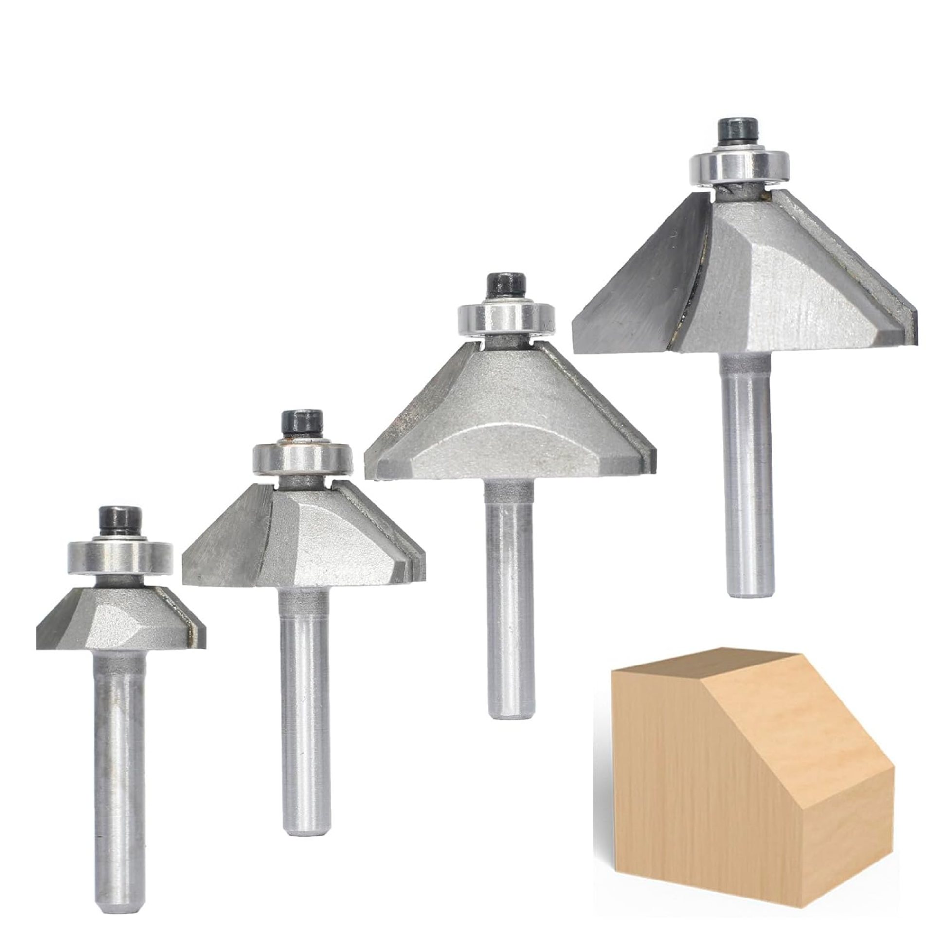 4Pcs 45 Degree Chamfer Router Bit Set,1/4″ Shank,1/4″,1/2″,3/4″ and 7/8″ Bevel Length,Eased Edge Cutter with Ball Bearing for Wood Profiling,Edging 4Pcs 45 Degree Chamfer Router Bit Set,1/4″ Shank,1/4″,1/2″,3/4″ and 7/8″ Bevel Length,Eased Edge Cutter with Ball Bearing for Wood Profiling,Edging