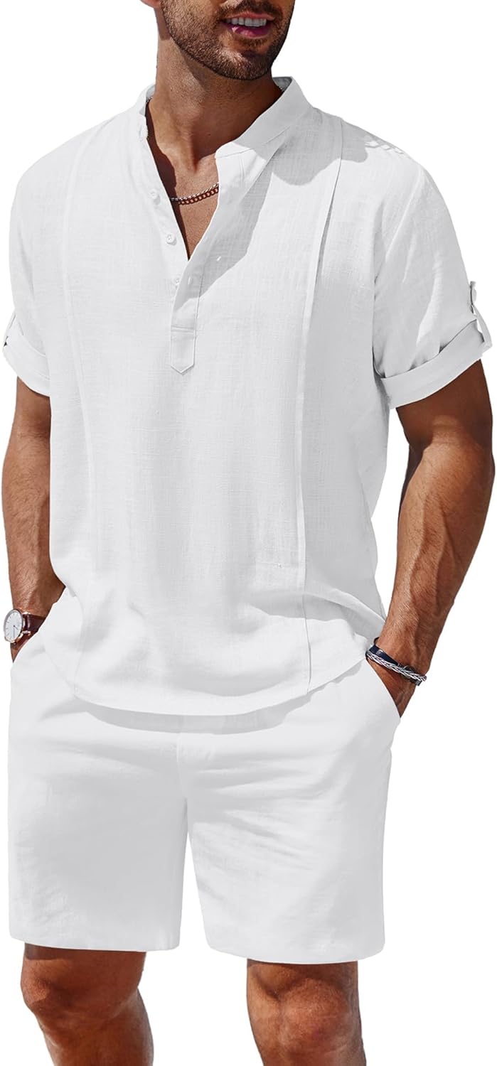 COOFANDY Men’s 2 Pieces Linen Set Henley Shirt Short Sleeve and Shorts Summer Beach Yoga Matching Outfits COOFANDY Men’s 2 Pieces Linen Set Henley Shirt Short Sleeve and Shorts Summer Beach Yoga Matching Outfits