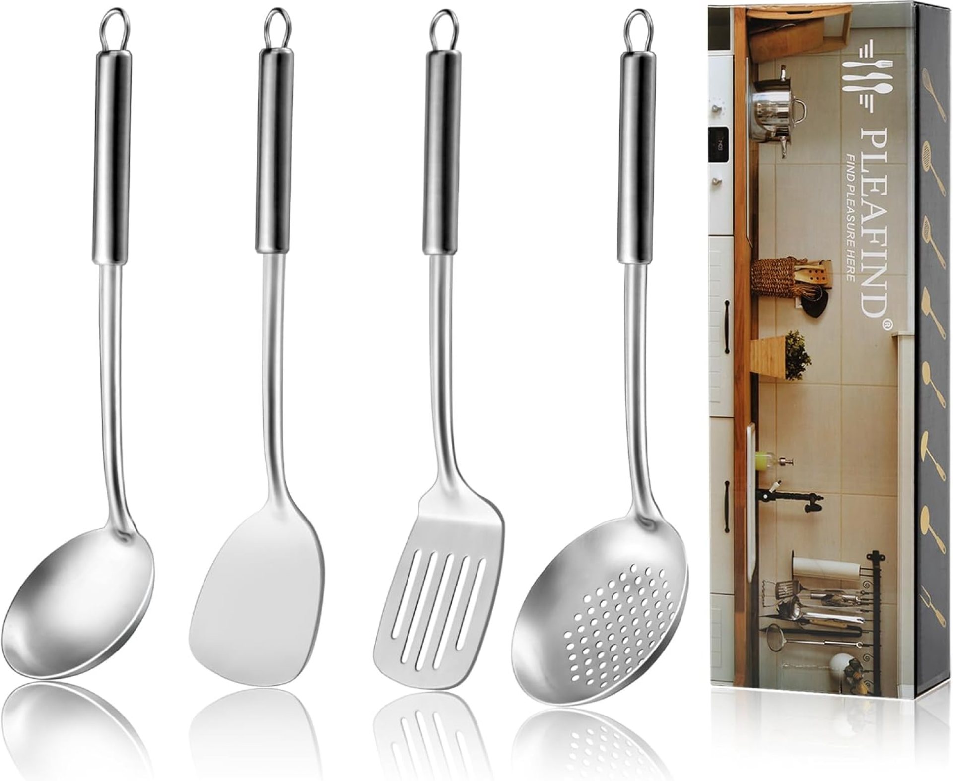 Pleafind 4-Pcs Cooking Utensils Set, Stainless Steel Kitchen Utensils, Wok Utensils Set Include Wok Ladle, Slotted Spoon, Wok Spatula and Slotted Spatula, Dishwasher Safe Pleafind 4-Pcs Cooking Utensils Set, Stainless Steel Kitchen Utensils, Wok Utensils Set Include Wok Ladle, Slotted Spoon, Wok Spatula and Slotted Spatula, Dishwasher Safe
