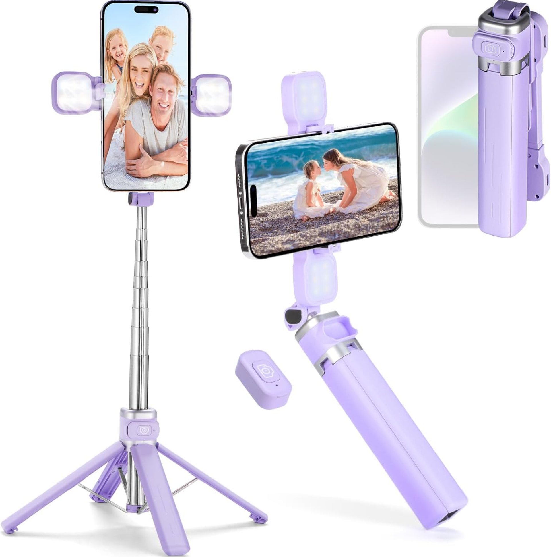 Mini iPhone Tripod Stand,MQOUNY 38″ Phone Tripod &Selfie Stick with Wireless Rechargeable Remote & Removable Light, Extendable Tripod Stand 360 Rotation Compatible with iPhone&Android Samsung (Purple) Mini iPhone Tripod Stand,MQOUNY 38″ Phone Tripod &Selfie Stick with Wireless Rechargeable Remote & Removable Light, Extendable Tripod Stand 360 Rotation Compatible with iPhone&Android Samsung (Purple)