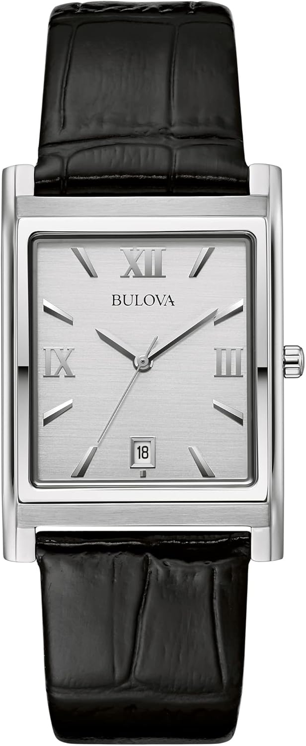 Bulova Men’s Stainless Steel 3-Hand Calendar Date Quartz Watch with Black Leather Strap, Rectangle Dial Style: 96B107 Bulova Men’s Stainless Steel 3-Hand Calendar Date Quartz Watch with Black Leather Strap, Rectangle Dial Style: 96B107