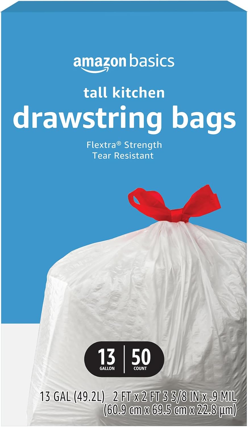 Amazon Basics Flextra Tall Kitchen Drawstring Trash Bags, 13 Gallon, Unscented, 50 Count Amazon Basics Flextra Tall Kitchen Drawstring Trash Bags, 13 Gallon, Unscented, 50 Count