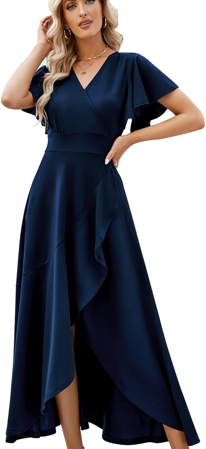 Long Black Formal Dresses for Women Gowns Evening Party Cocktail Dress,Split Elegant V Neck Wrap Ruffle Wedding Guest Dresses Long Black Formal Dresses for Women Gowns Evening Party Cocktail Dress,Split Elegant V Neck Wrap Ruffle Wedding Guest Dresses