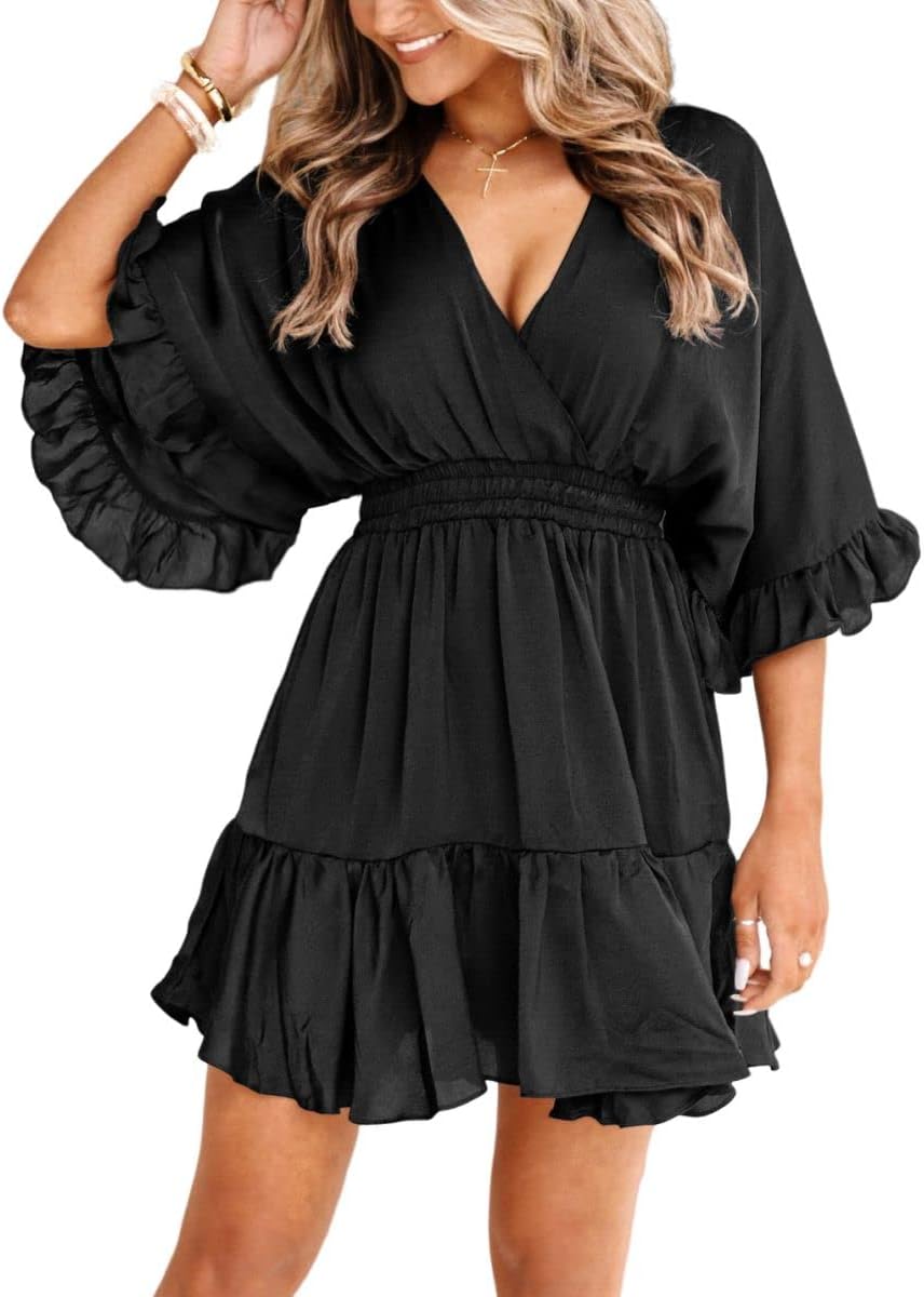 Aoysky Womens V Neck Casual Dresses Summer Loose High Waist Ruffle Pleated Cute Mini Short Dress Aoysky Womens V Neck Casual Dresses Summer Loose High Waist Ruffle Pleated Cute Mini Short Dress