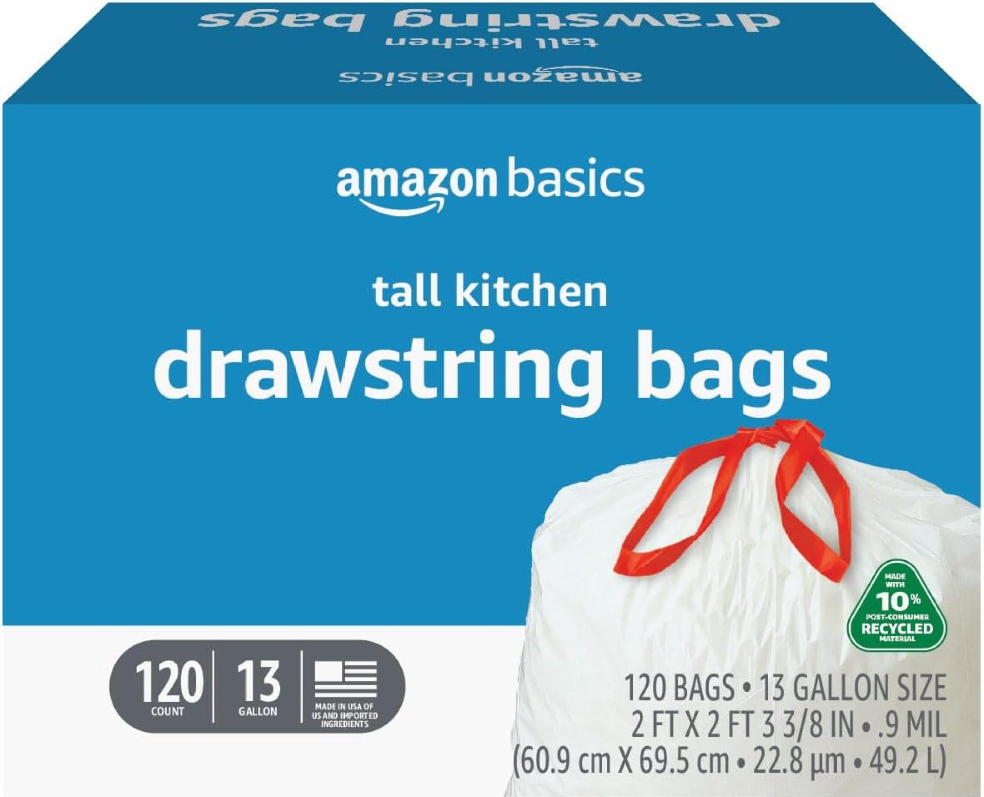Amazon Basics – Tall Kitchen Trash Bags, 13 Gallon, 10% Post Consumer Recycled Content, Unscented, 120 Count, Pack of 1 Amazon Basics – Tall Kitchen Trash Bags, 13 Gallon, 10% Post Consumer Recycled Content, Unscented, 120 Count, Pack of 1