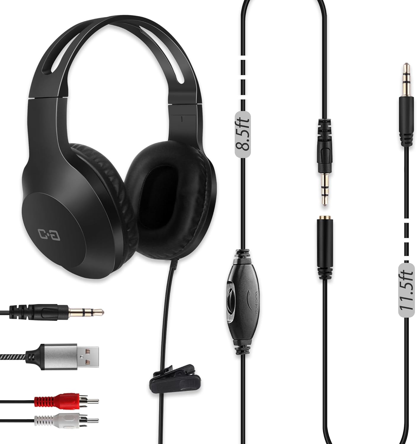 20Ft Extra Long Cord Headphones for TV & PC with Volume Control, Wired TV Headset with Extension Cable, 3.5mm Aux Jack with USB & RCA Adapters for More TVs, Senior Friendly 20Ft Extra Long Cord Headphones for TV & PC with Volume Control, Wired TV Headset with Extension Cable, 3.5mm Aux Jack with USB & RCA Adapters for More TVs, Senior Friendly