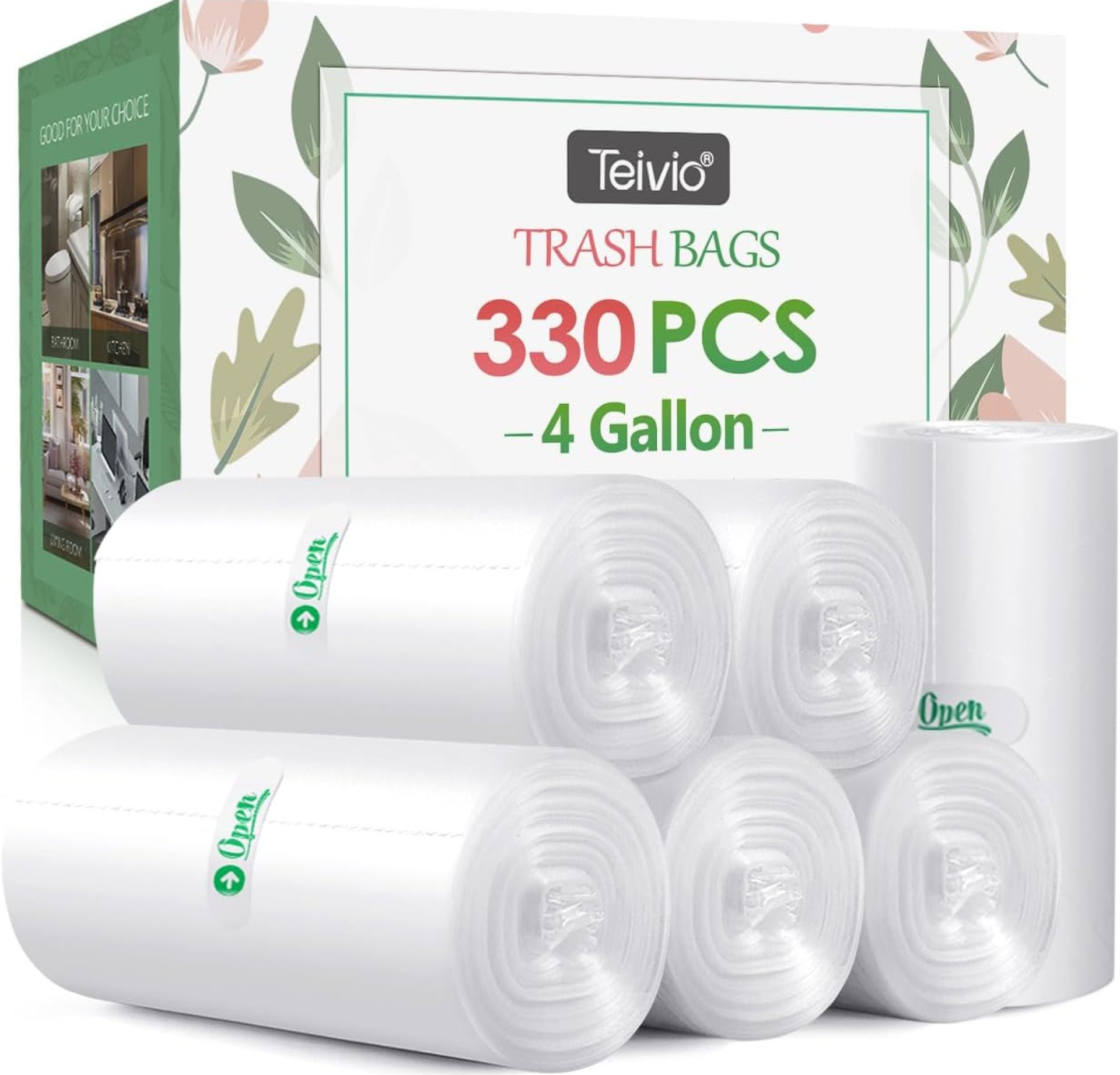 4 Gallon 330 Counts Strong Trash Bags Garbage Bags by Teivio, Bathroom Trash Can Bin Liners, Small Plastic Bags for home office kitchen (Clear) 4 Gallon 330 Counts Strong Trash Bags Garbage Bags by Teivio, Bathroom Trash Can Bin Liners, Small Plastic Bags for home office kitchen (Clear)