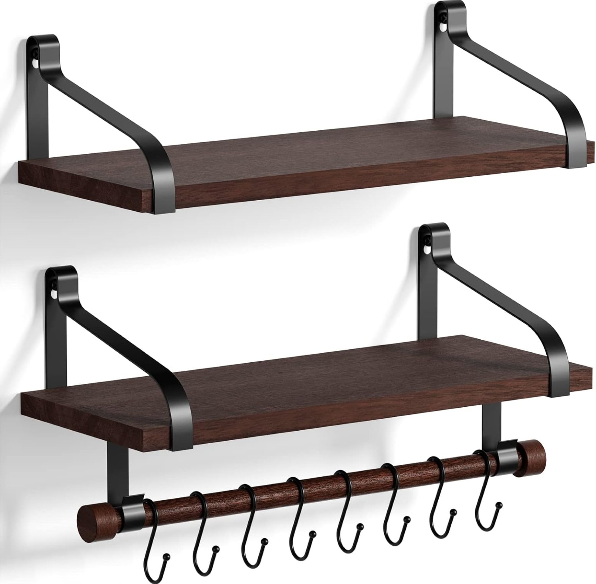 Love-KANKEI Floating Shelves for Coffee Bar,Bathroom Shelves with Wood Bar, Wall Shelves with 8 Hooks for Kitchen, 17.3 Inch Storage Shelves Set of 2 for Bedroom,Living Room,Dark Walnut Love-KANKEI Floating Shelves for Coffee Bar,Bathroom Shelves with Wood Bar, Wall Shelves with 8 Hooks for Kitchen, 17.3 Inch Storage Shelves Set of 2 for Bedroom,Living Room,Dark Walnut