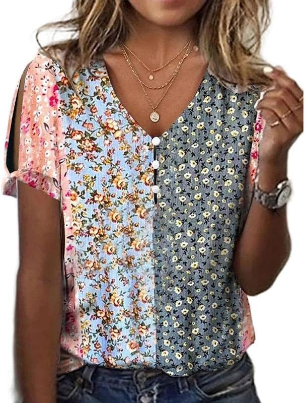 Akivide Womens Summer Boho Floral Print Short Sleeve Button Up Dressy Casual Blouses Shirt Tunic Tops Akivide Womens Summer Boho Floral Print Short Sleeve Button Up Dressy Casual Blouses Shirt Tunic Tops