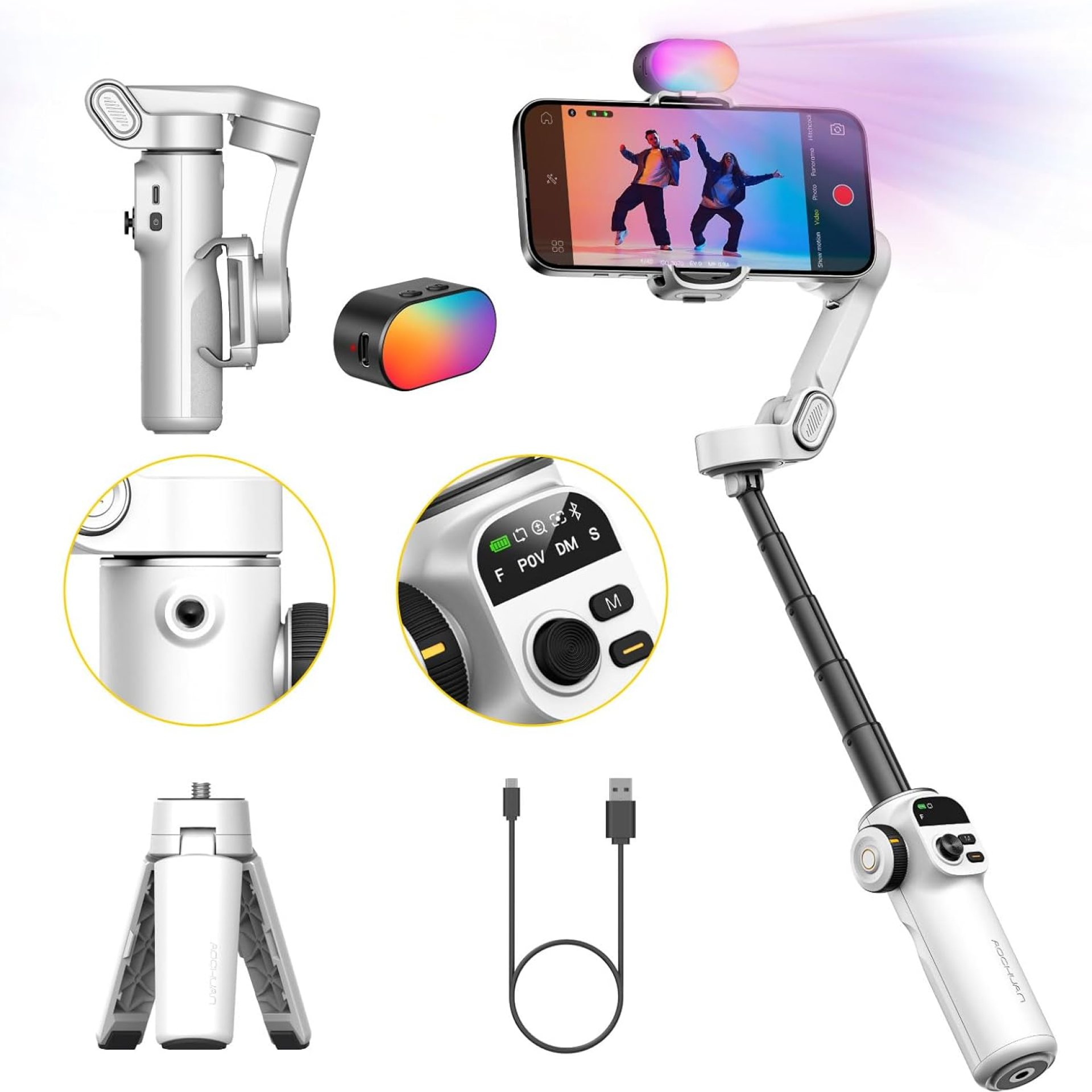 Gimbal Stabilizer for iPhone w/RGB Magnetic Fill Light, Foldable Gimbal w/7.8′ Extension Rod & OLED Display for Vlogging & Filmmaking, Compatible with iPhone 16/15 Pro Max-Smart X2 Kit White Gimbal Stabilizer for iPhone w/RGB Magnetic Fill Light, Foldable Gimbal w/7.8′ Extension Rod & OLED Display for Vlogging & Filmmaking, Compatible with iPhone 16/15 Pro Max-Smart X2 Kit White