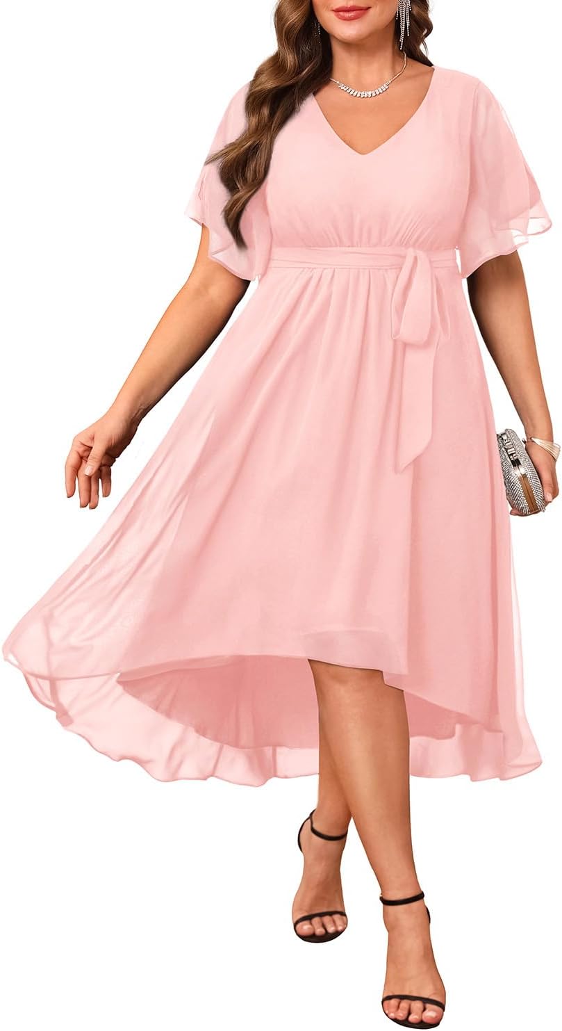 Plus Size Dresses Wedding Guest – Formal Cocktail Chiffon V Neck Short Sleeve High Low Dress Curvy Women Plus Size Dresses Wedding Guest – Formal Cocktail Chiffon V Neck Short Sleeve High Low Dress Curvy Women