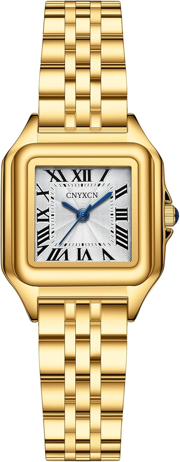 Small Gold Watches for Women with Stainless Steel Band,Rectangular Case Roman Dial,Water Resistant,Bracelet Adjuster Included Small Gold Watches for Women with Stainless Steel Band,Rectangular Case Roman Dial,Water Resistant,Bracelet Adjuster Included